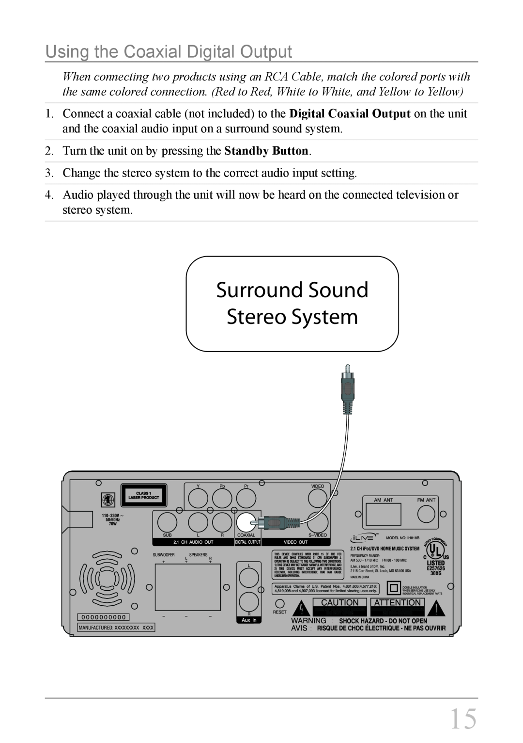 iLive IH818B instruction manual Using the Coaxial Digital Output, Surround Sound Stereo System 