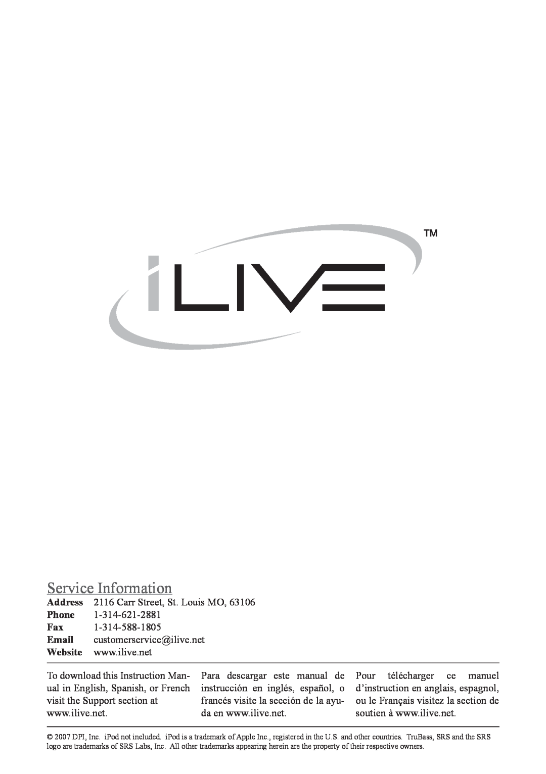 iLive IH818B instruction manual Service Information 