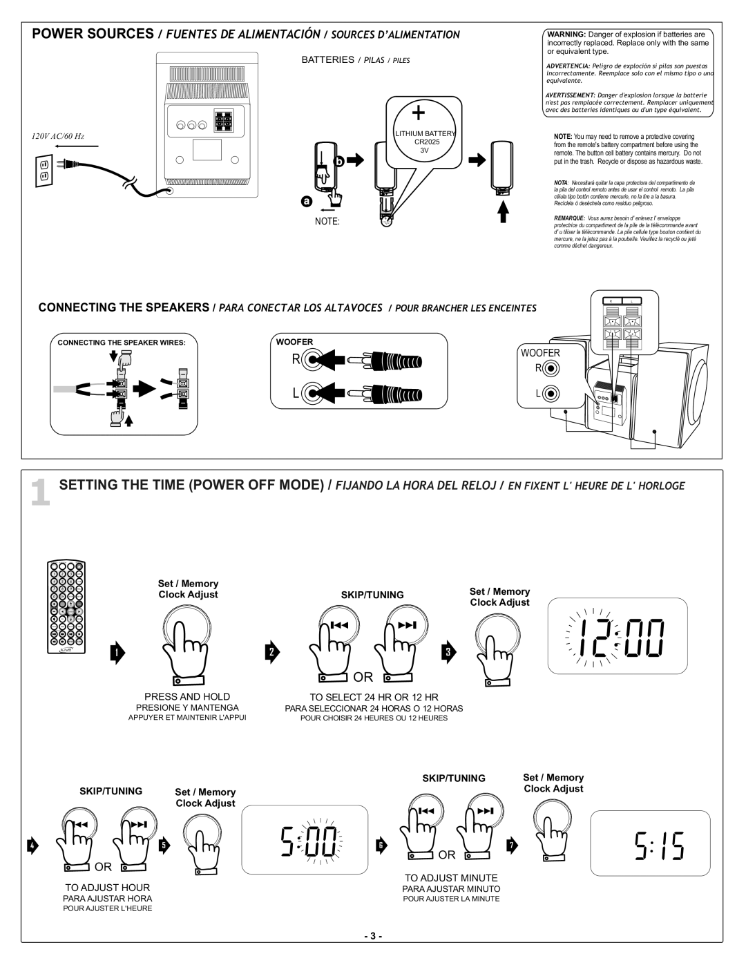 iLive iHMD8816DT-E1 instruction manual Press and Hold To Select 24 HR or 12 HR, To Adjust Minute To Adjust Hour 