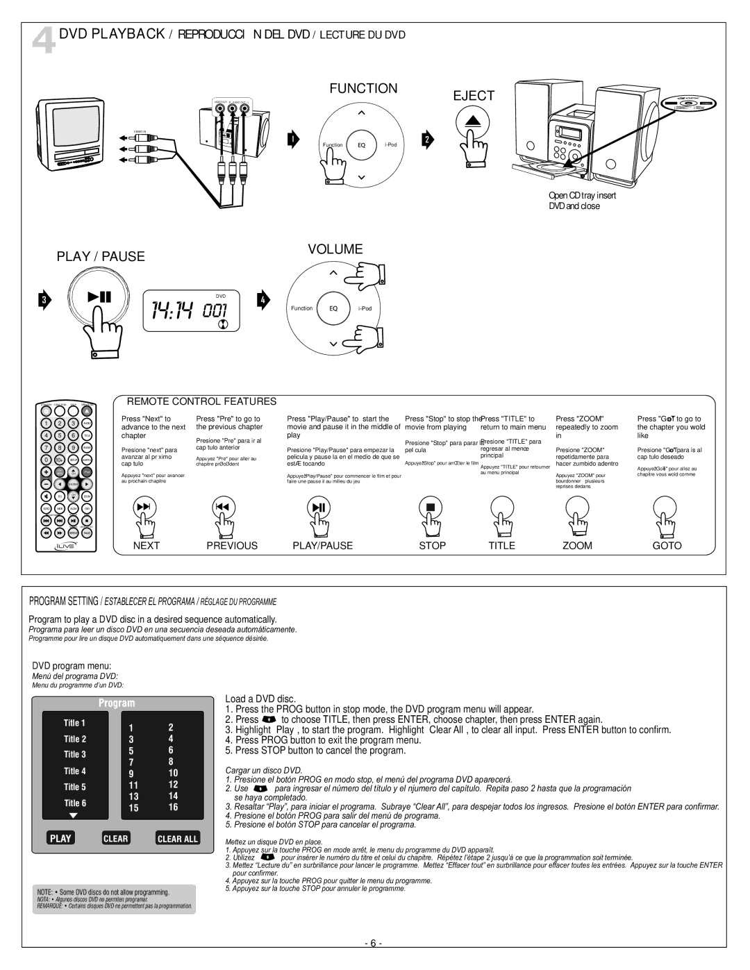 iLive iHMD8816DT-E1 instruction manual 1414, Next Previous PLAY/PAUSE Stop Title Zoom Goto 