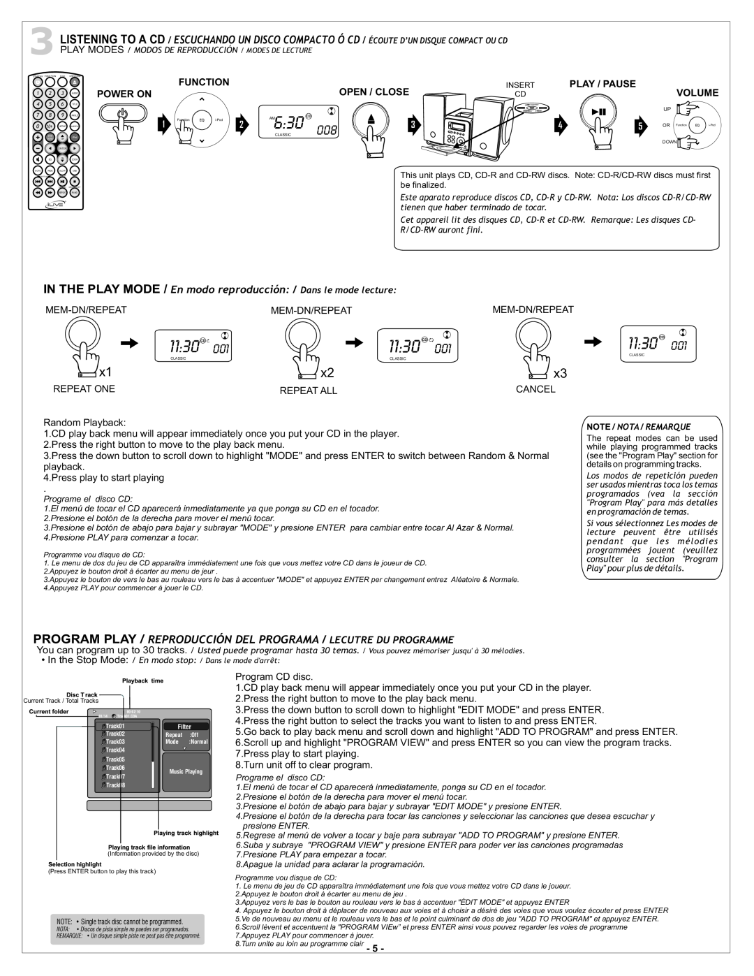 iLive iHMD8816DT-E1 instruction manual Function, Power On, Open / Close, Play / Pause, Volume, Note / Nota / Remarque 
