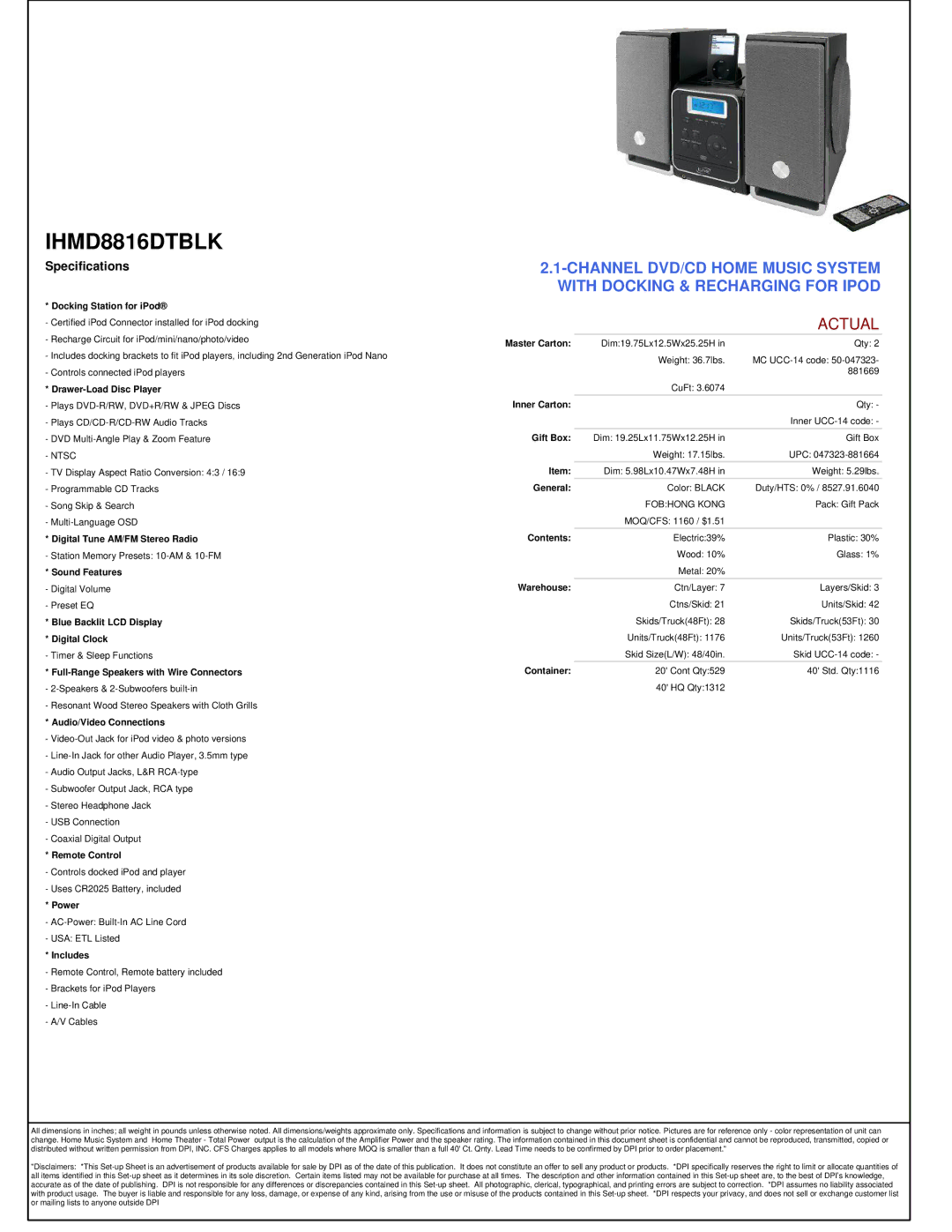 iLive IHMD8816DTBLK Docking Station for iPod, Drawer-Load Disc Player, Digital Tune AM/FM Stereo Radio, Sound Features 