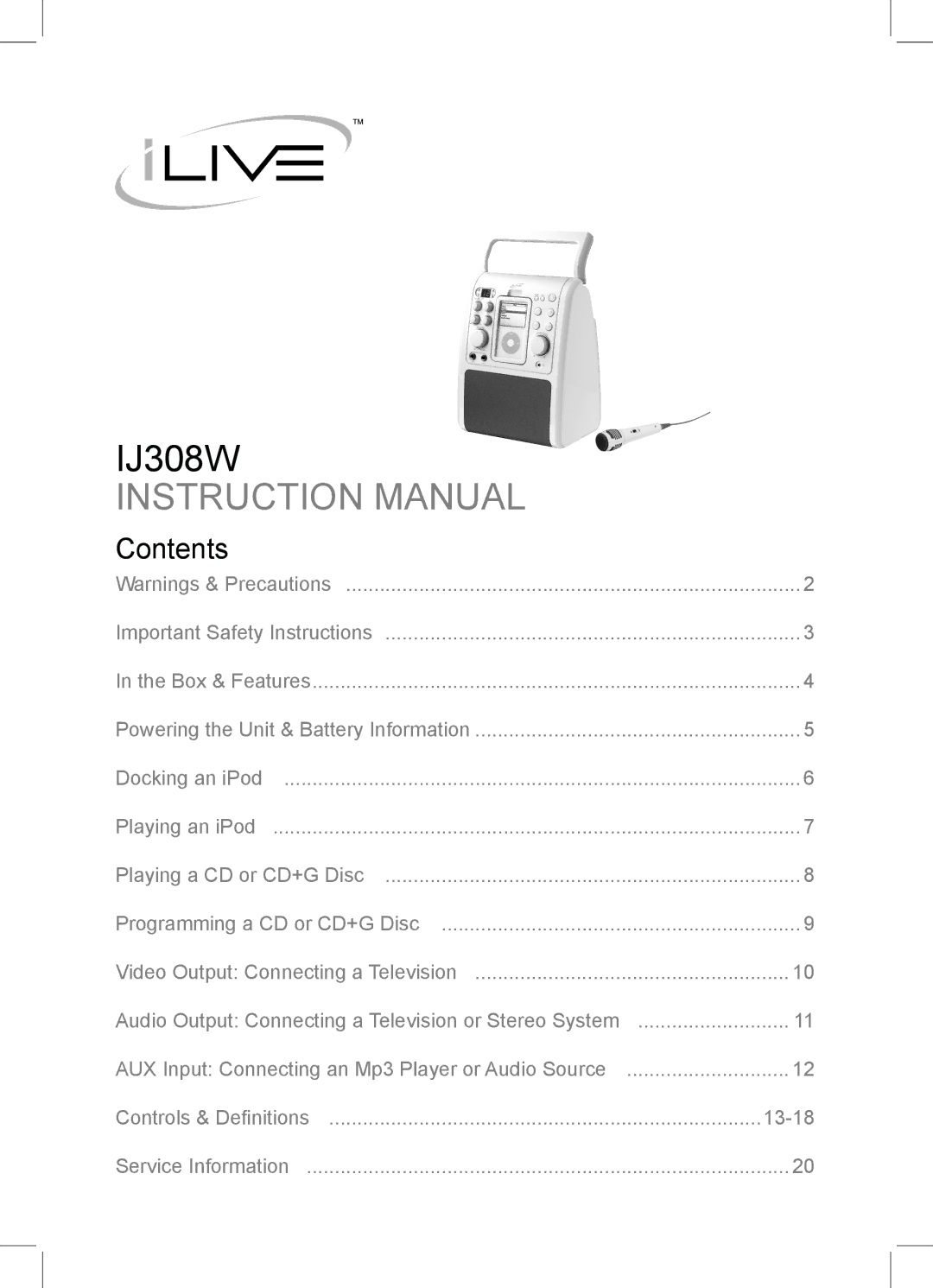 iLive IJ308W instruction manual Contents 