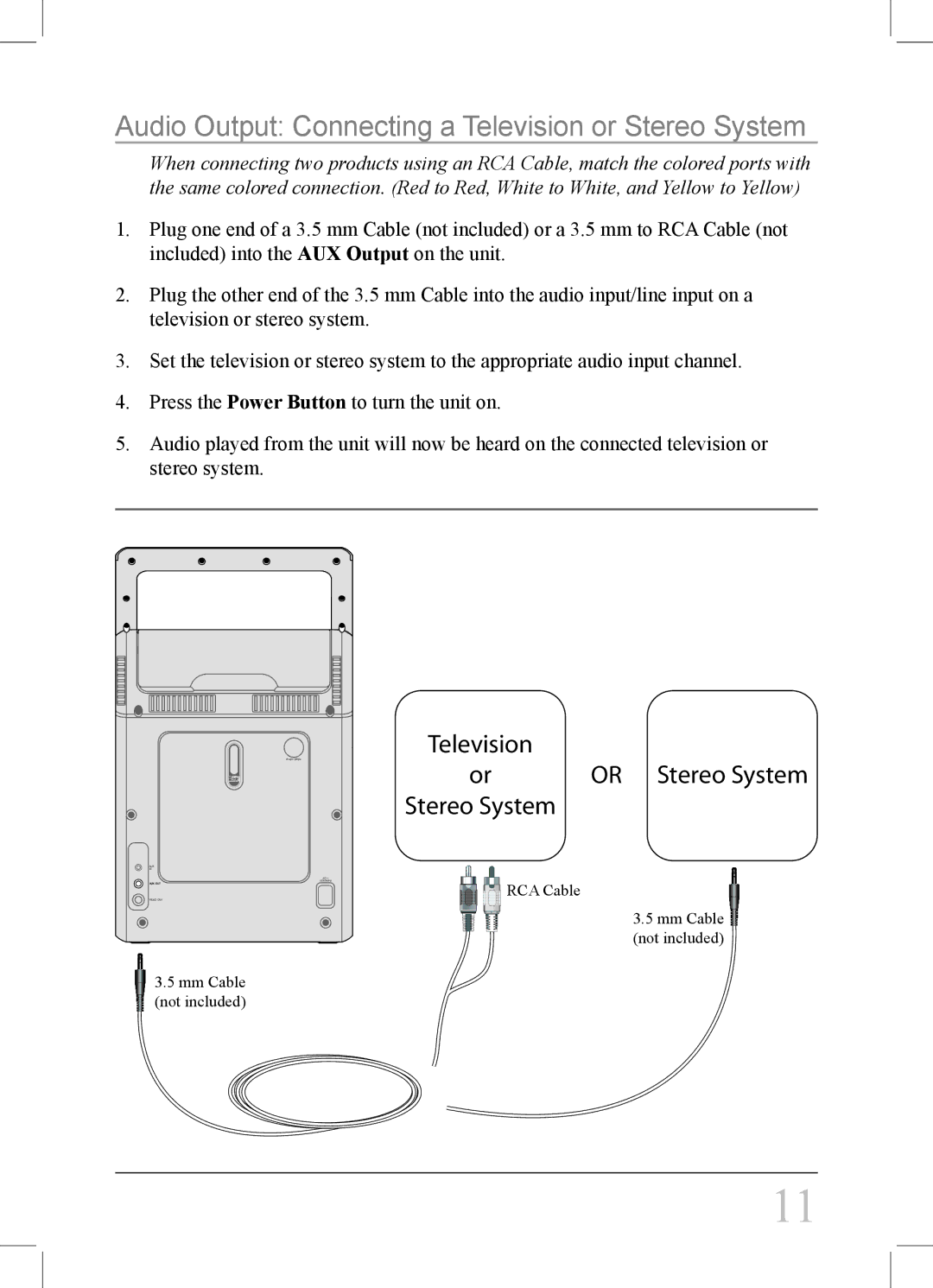 iLive IJ308W instruction manual Audio Output Connecting a Television or Stereo System 