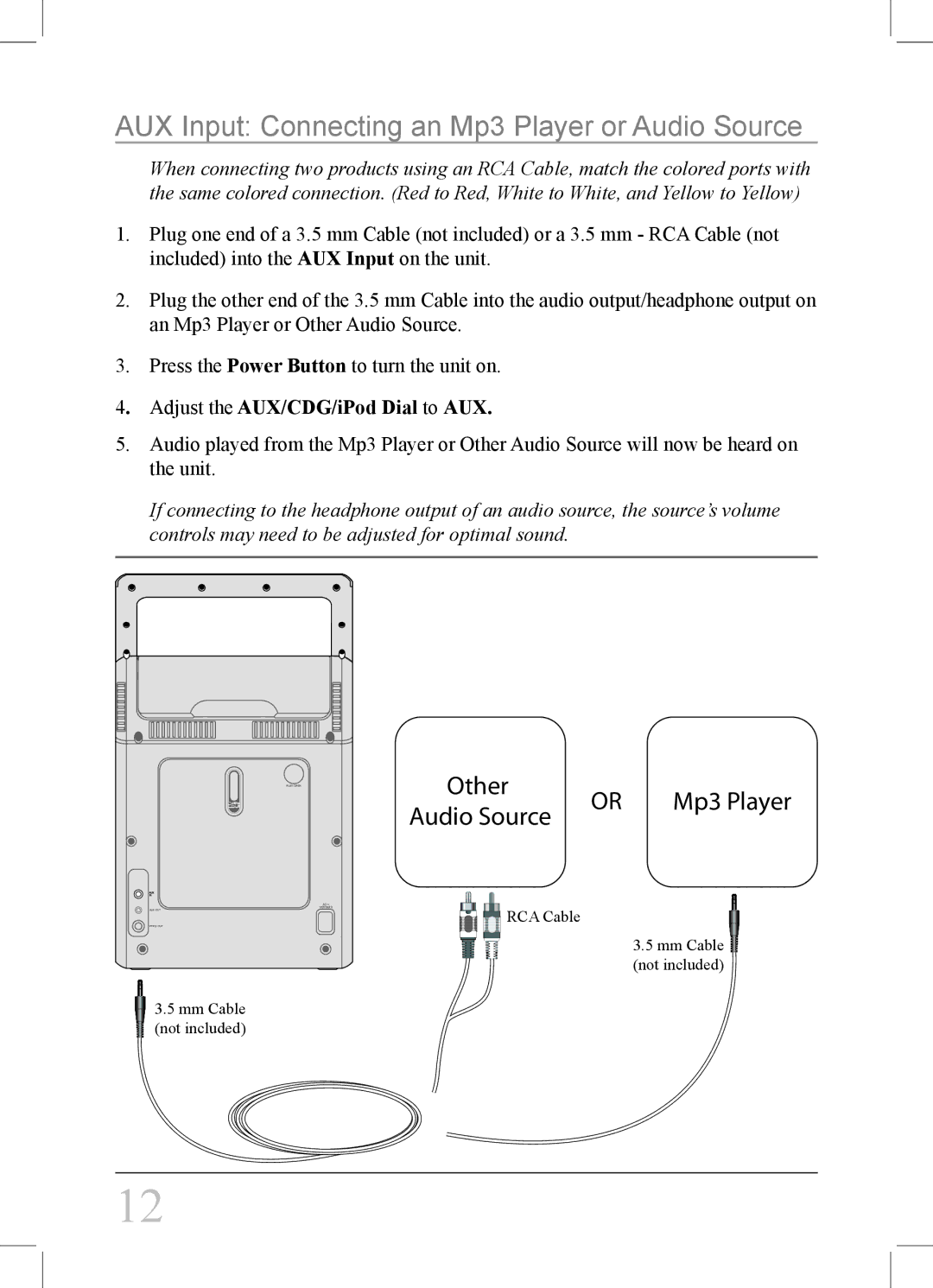 iLive IJ308W instruction manual AUX Input Connecting an Mp3 Player or Audio Source, Adjust the AUX/CDG/iPod Dial to AUX 