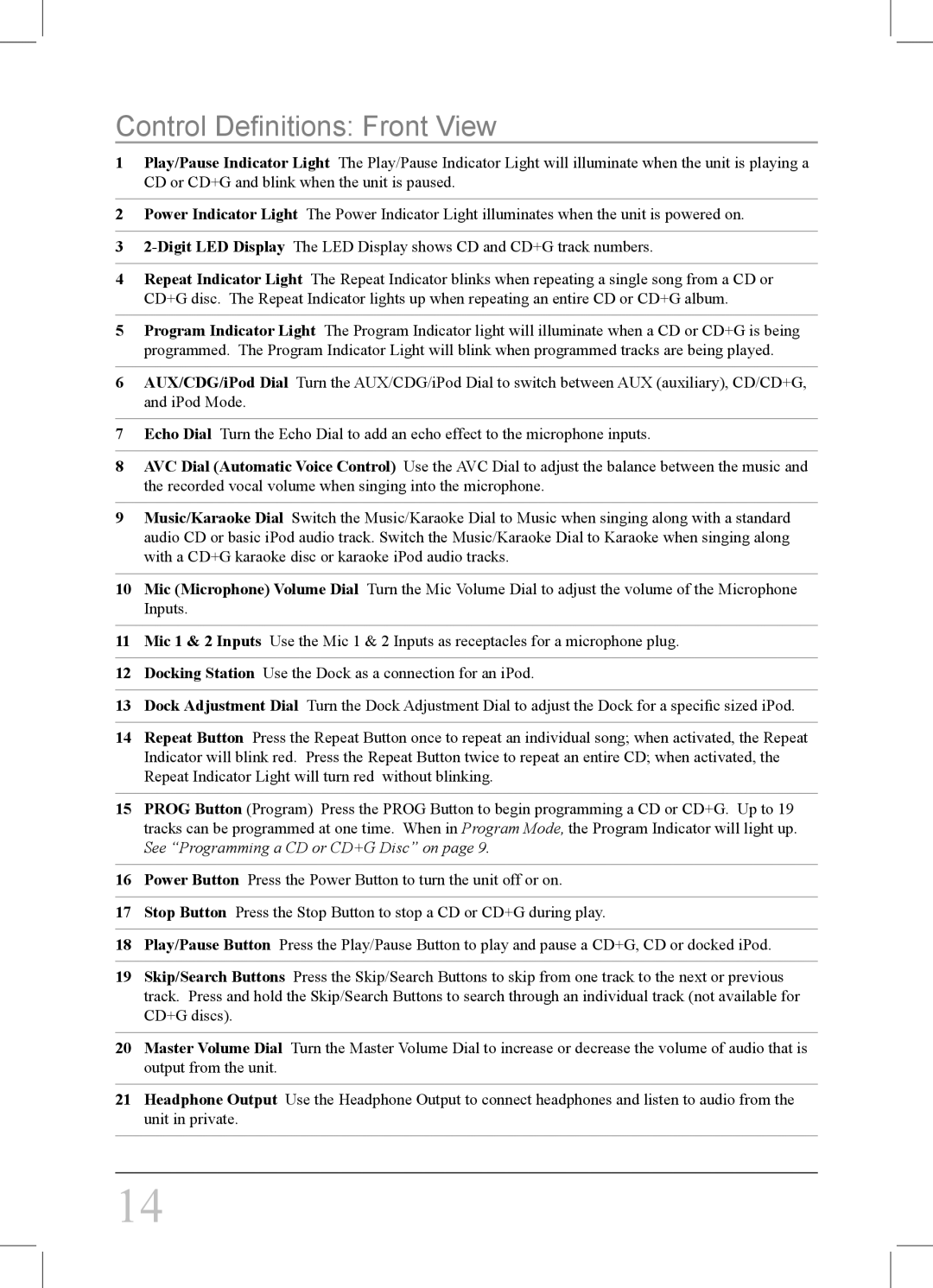 iLive IJ308W instruction manual Control Definitions Front View, See Programming a CD or CD+G Disc on 