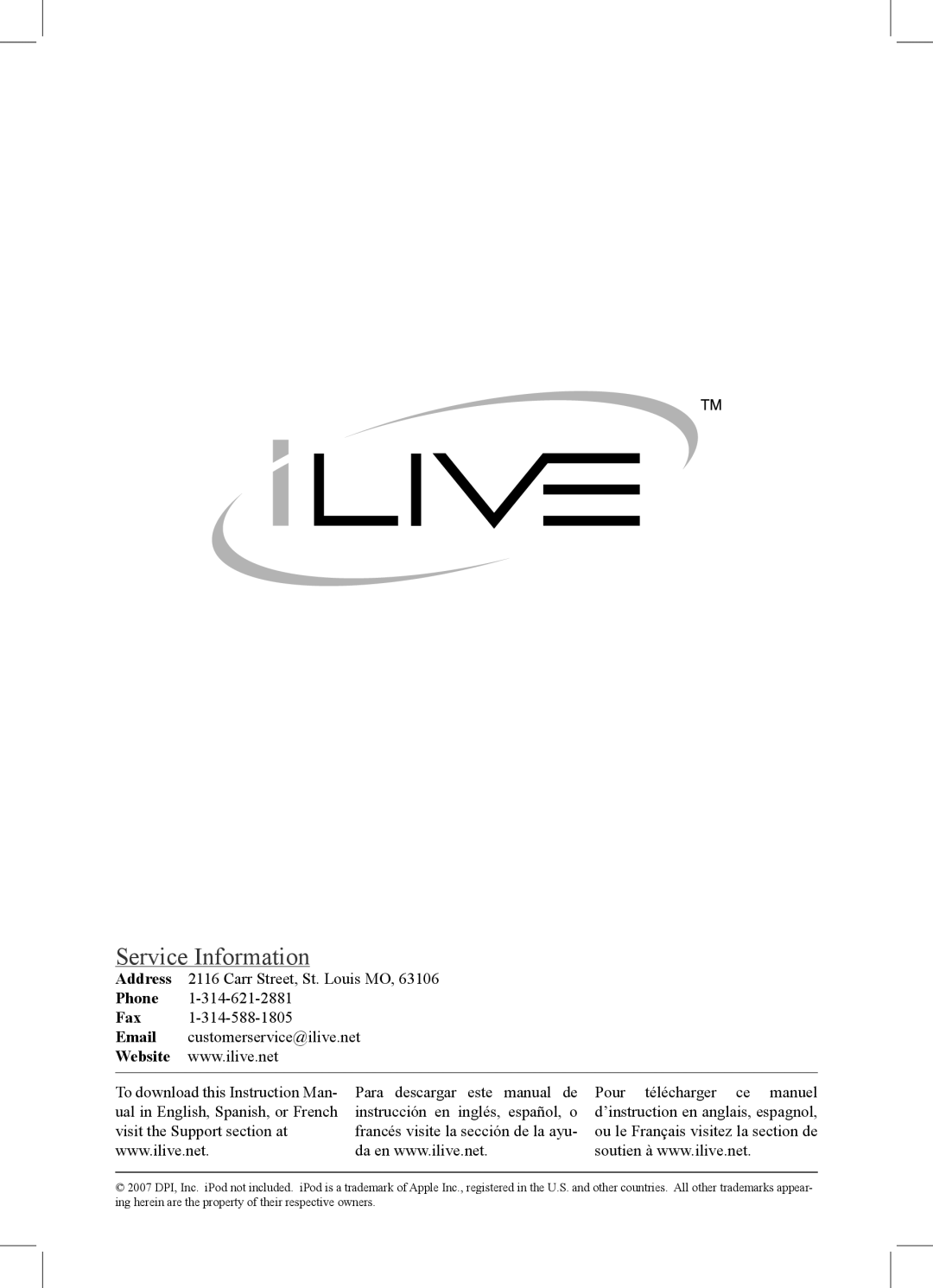 iLive IJ308W instruction manual Service Information 