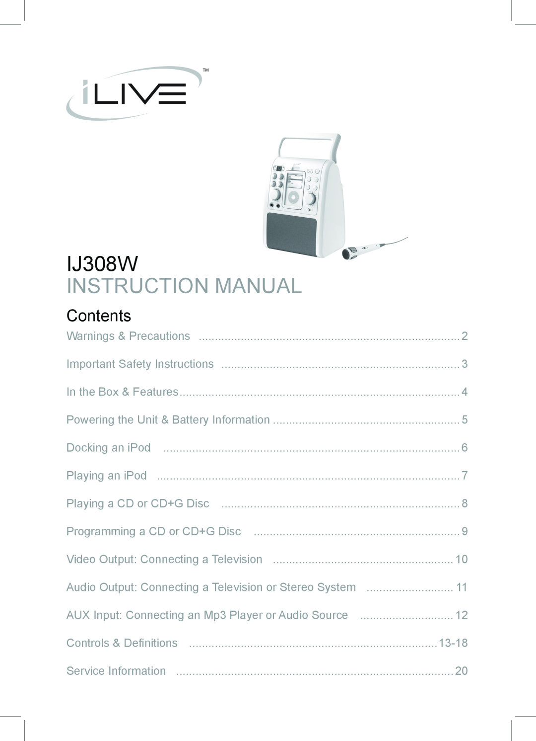 iLive IJ308W instruction manual Contents, 13-18 