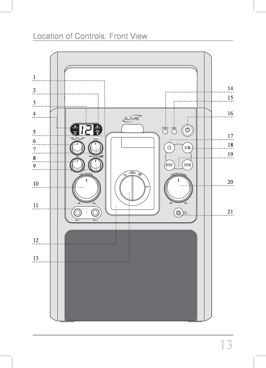 iLive IJ308W instruction manual Location of Controls Front View 