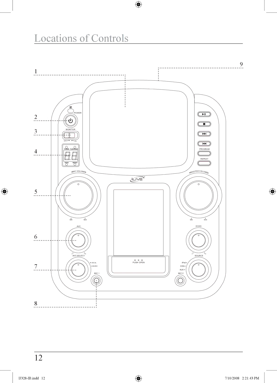 iLive IJ328-IB important safety instructions Locations of Controls 