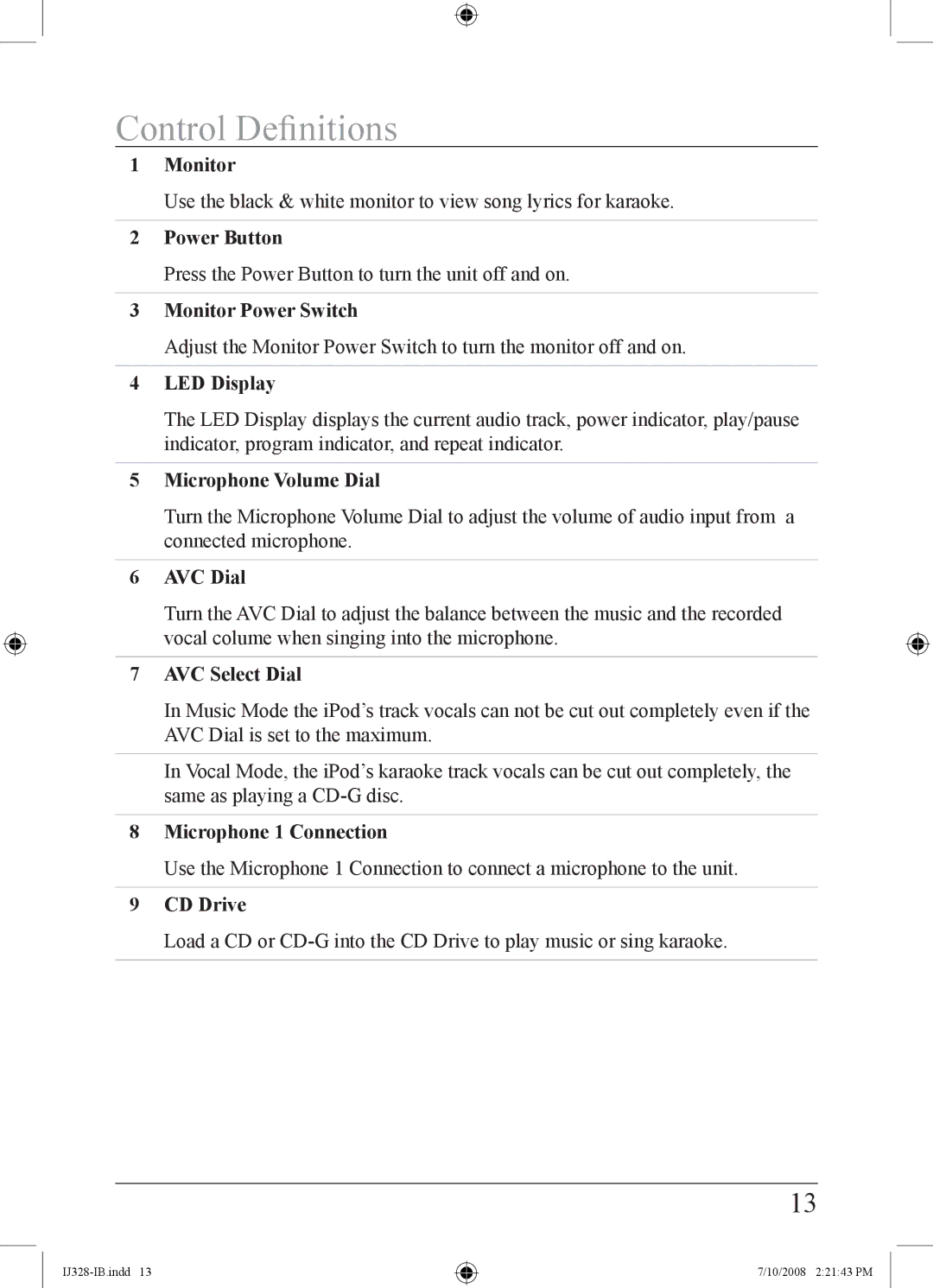 iLive IJ328-IB important safety instructions Control Definitions 