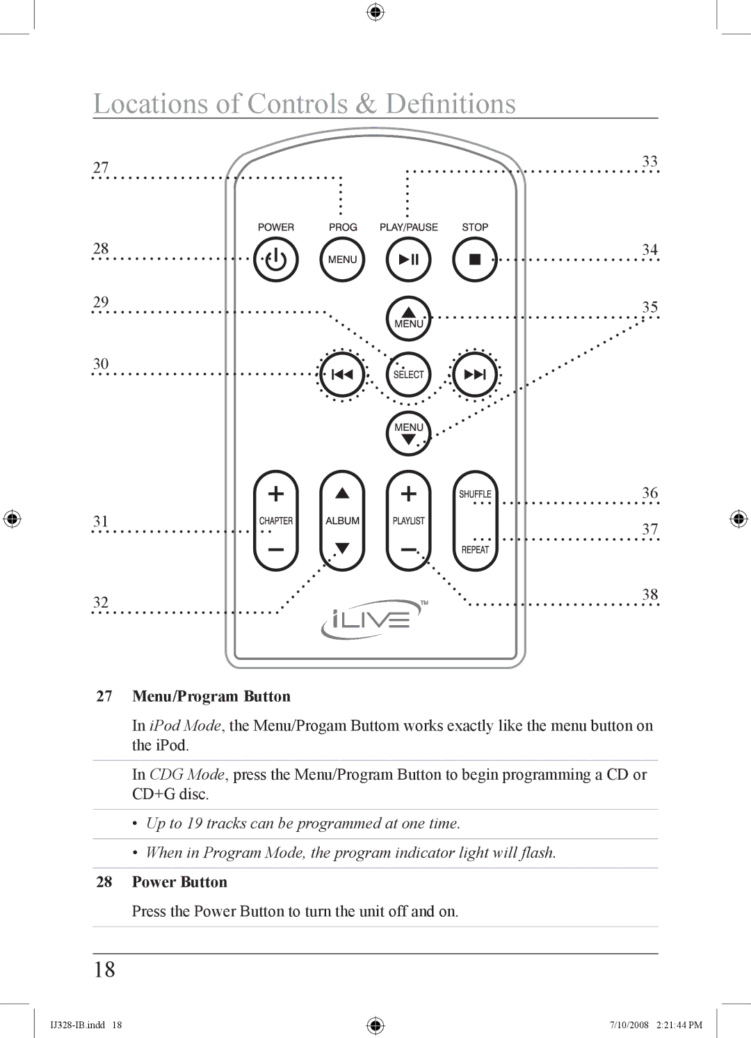 iLive IJ328-IB important safety instructions Locations of Controls & Definitions, Menu/Program Button 