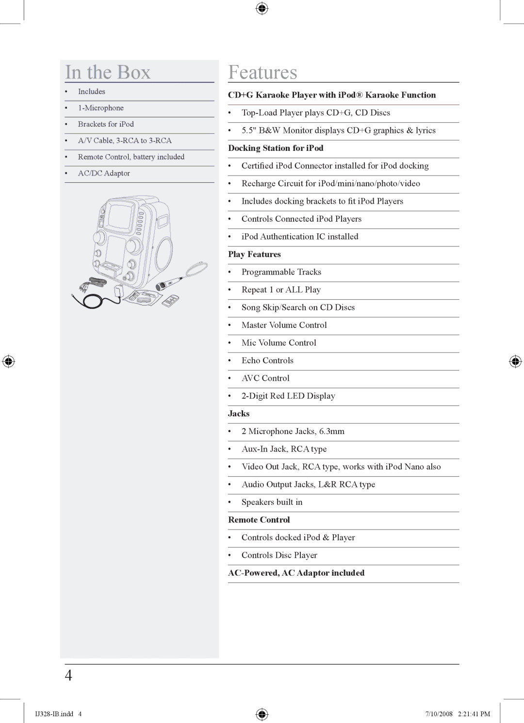 iLive IJ328-IB important safety instructions Box, Features 