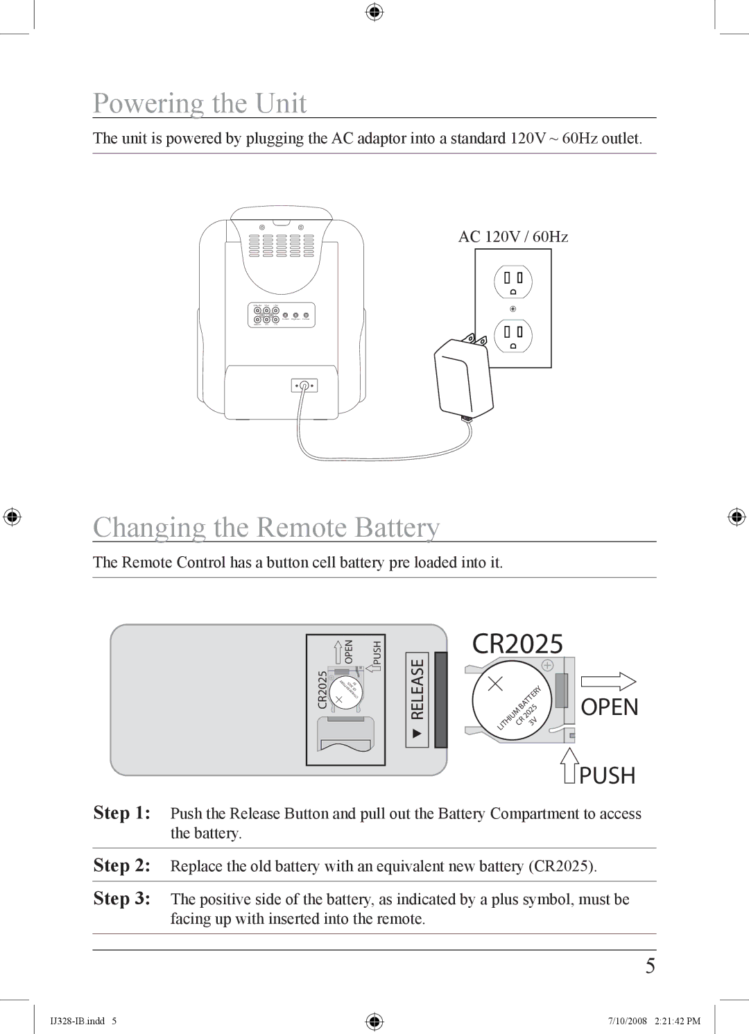 iLive IJ328-IB important safety instructions Powering the Unit, Changing the Remote Battery 