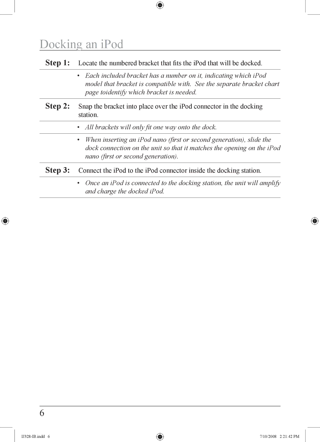 iLive IJ328-IB important safety instructions Docking an iPod 