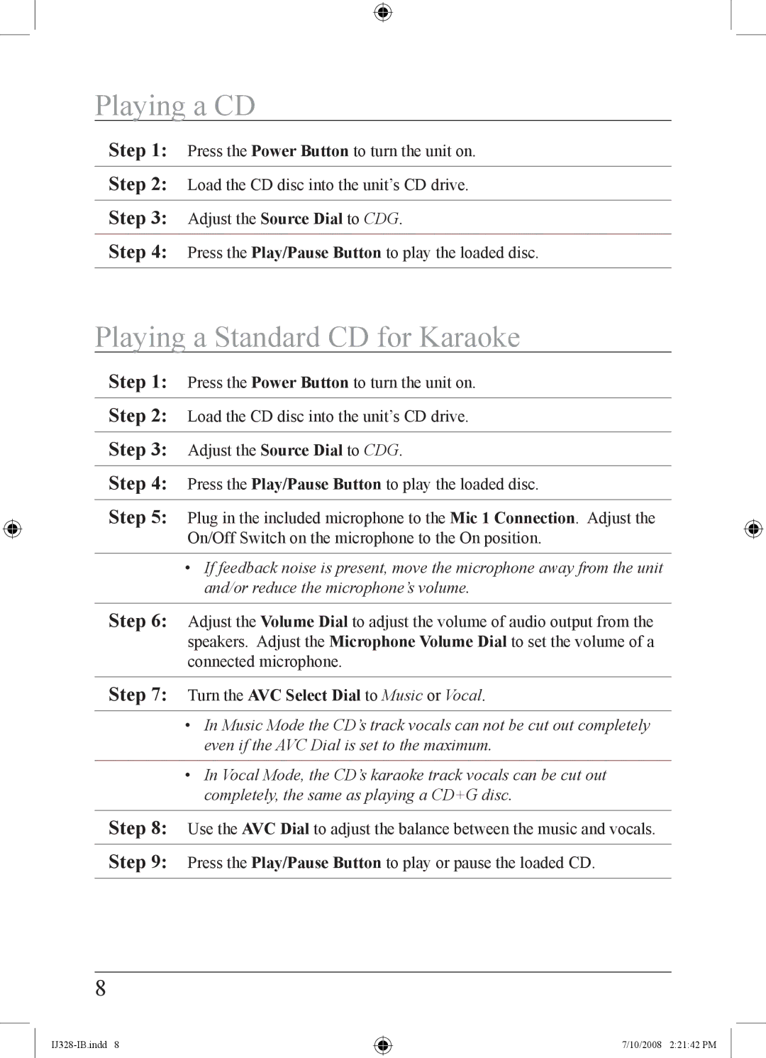 iLive IJ328-IB important safety instructions Playing a CD, Playing a Standard CD for Karaoke 