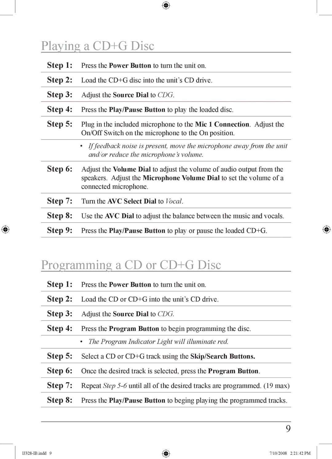 iLive IJ328-IB Playing a CD+G Disc, Programming a CD or CD+G Disc, Turn the AVC Select Dial to Vocal 