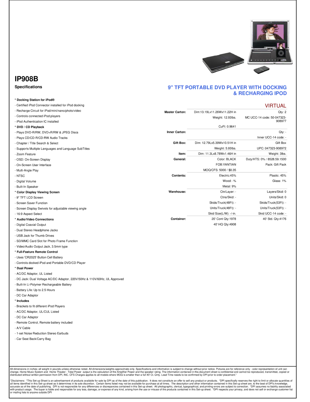 iLive IP908B Docking Station for iPod, DVD / CD Playback, Color Display Viewing Screen, Audio/Video Connections, Includes 