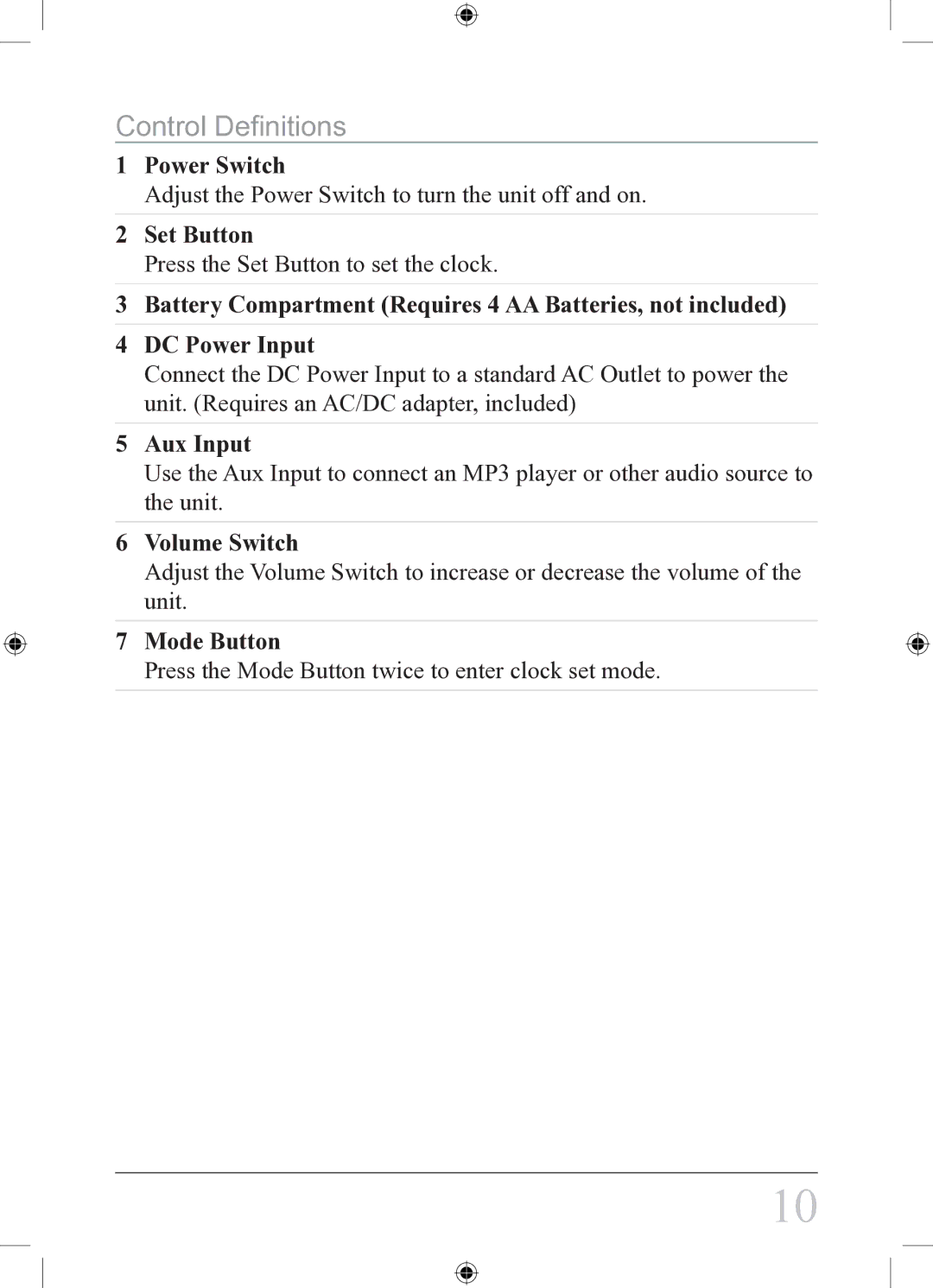 iLive IS108B instruction manual Control Definitions, Mode Button 