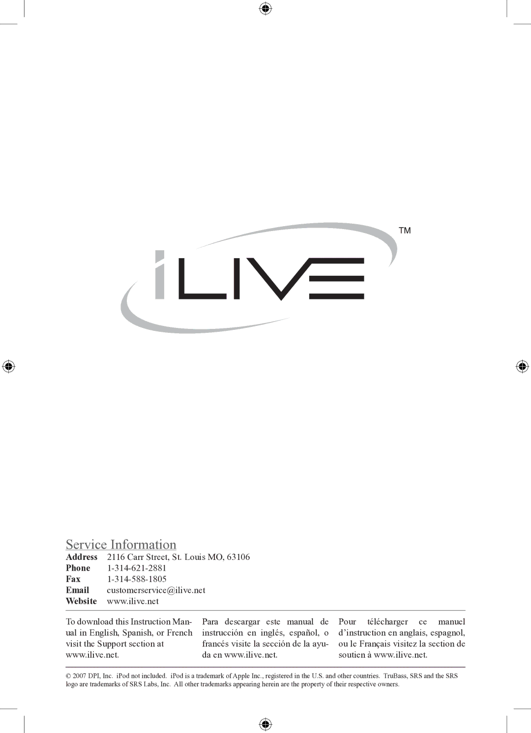 iLive IS108B instruction manual Service Information 