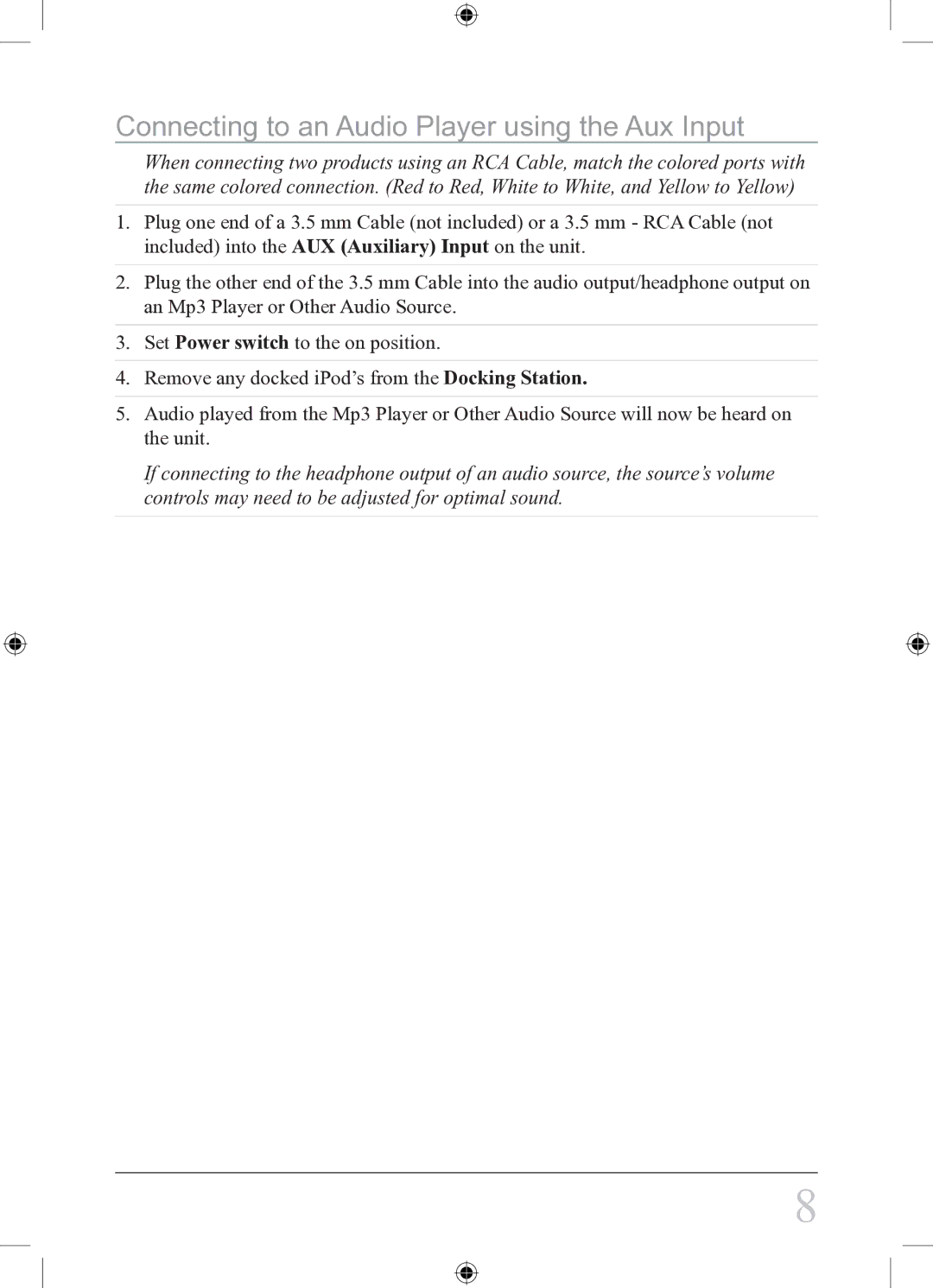 iLive IS108B instruction manual Connecting to an Audio Player using the Aux Input 