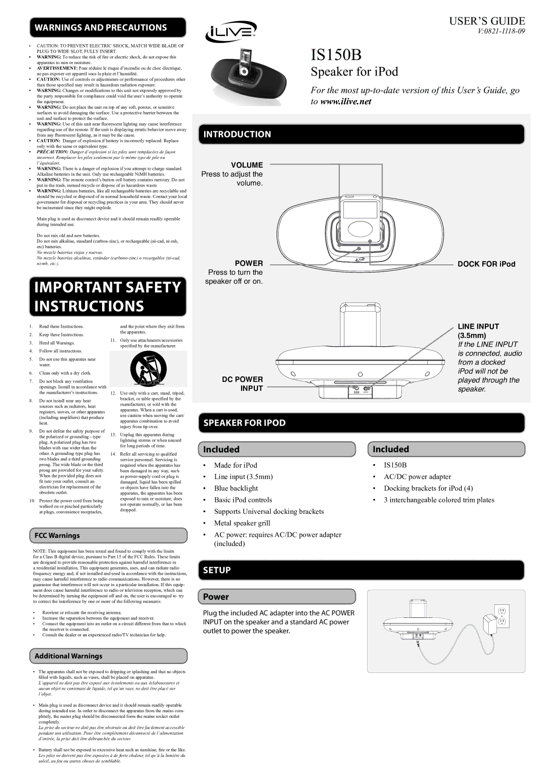 iLive IS150B important safety instructions Introduction, Speaker for Ipod, Included, Setup, Power 