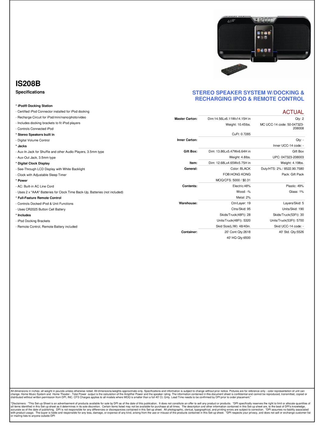 iLive IS208B manual Actual, Specifications 