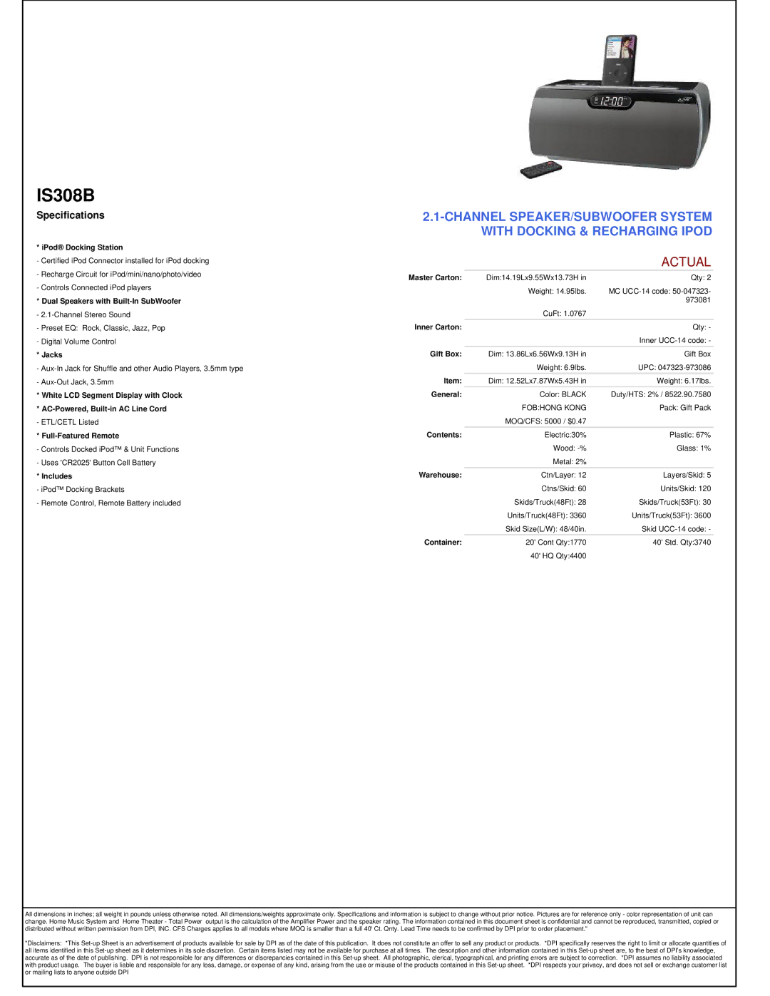 iLive IS308B manual Actual, Specifications 