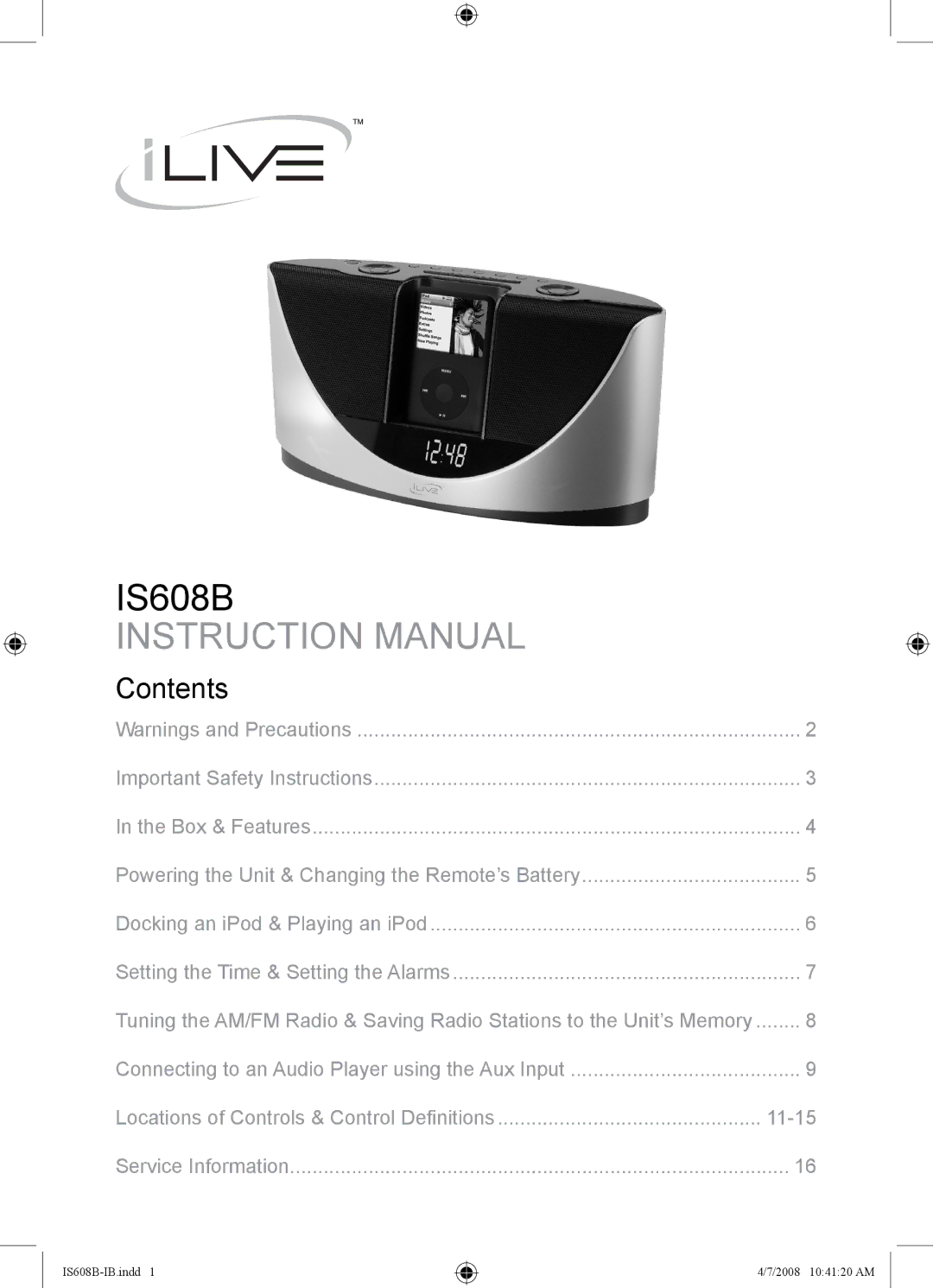 iLive IS608B instruction manual Contents 