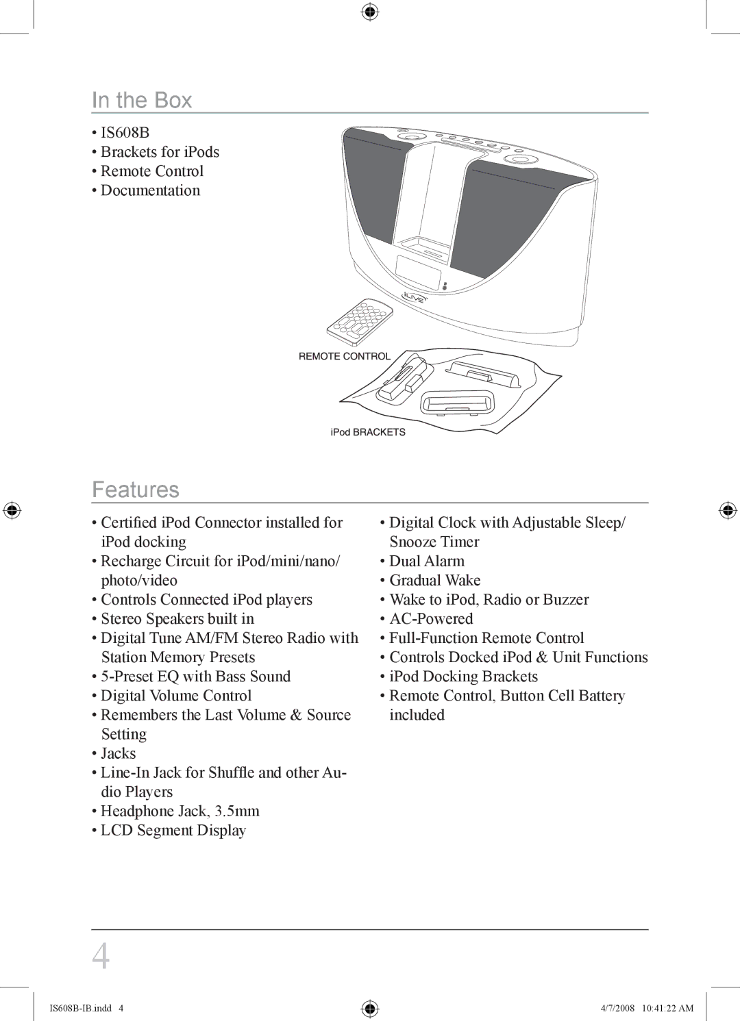 iLive IS608B instruction manual Box, Features 