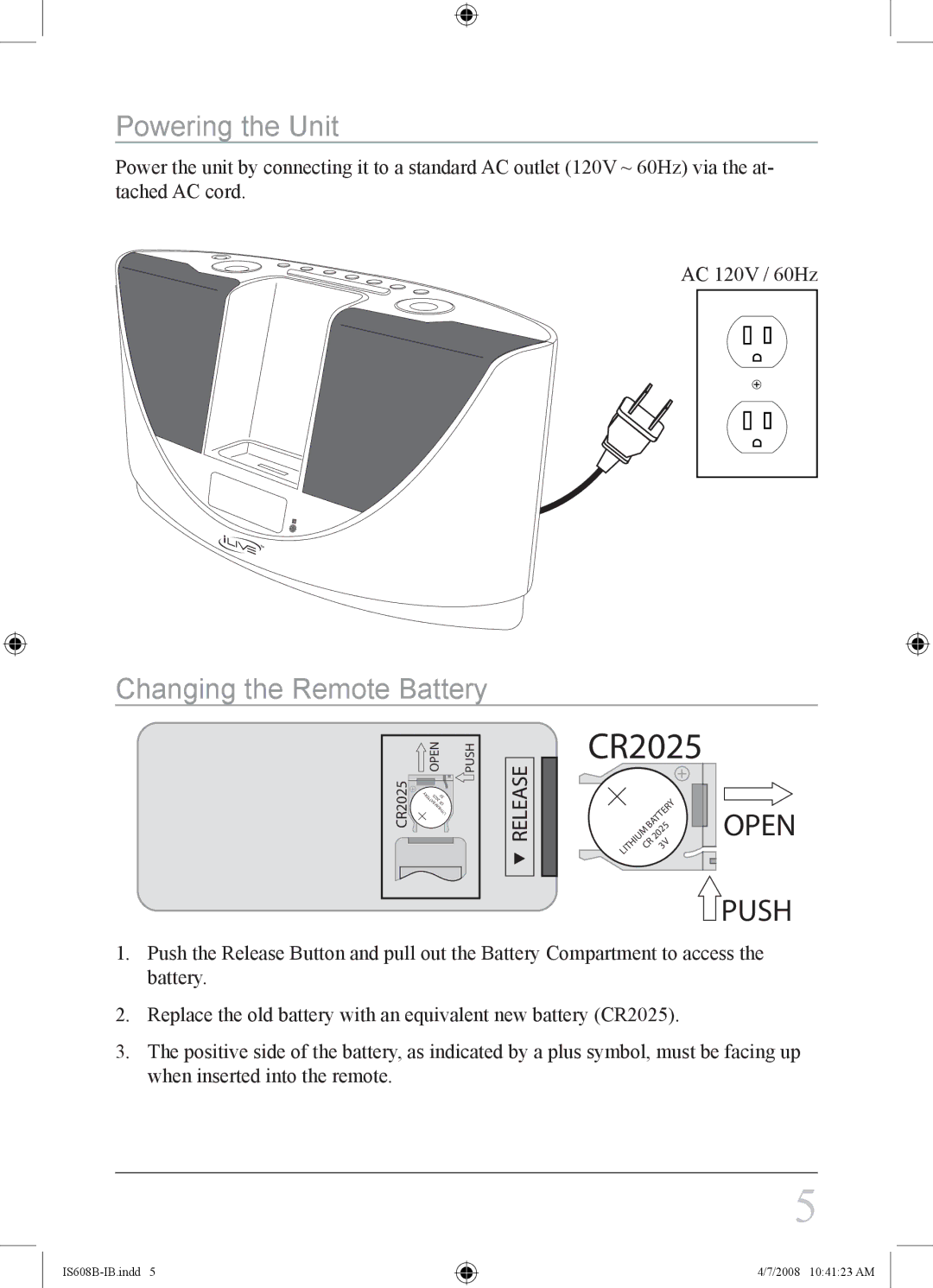 iLive IS608B instruction manual Powering the Unit, Changing the Remote Battery 