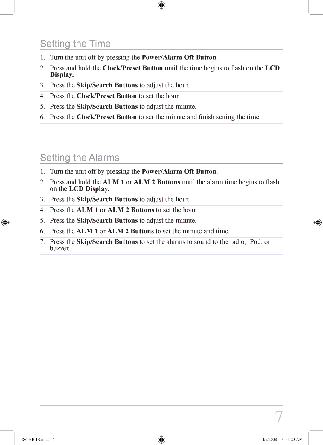 iLive IS608B instruction manual Setting the Time, Setting the Alarms 