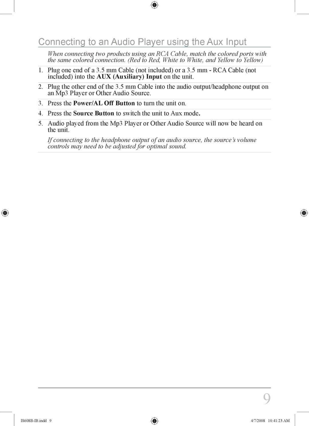 iLive IS608B instruction manual Connecting to an Audio Player using the Aux Input 