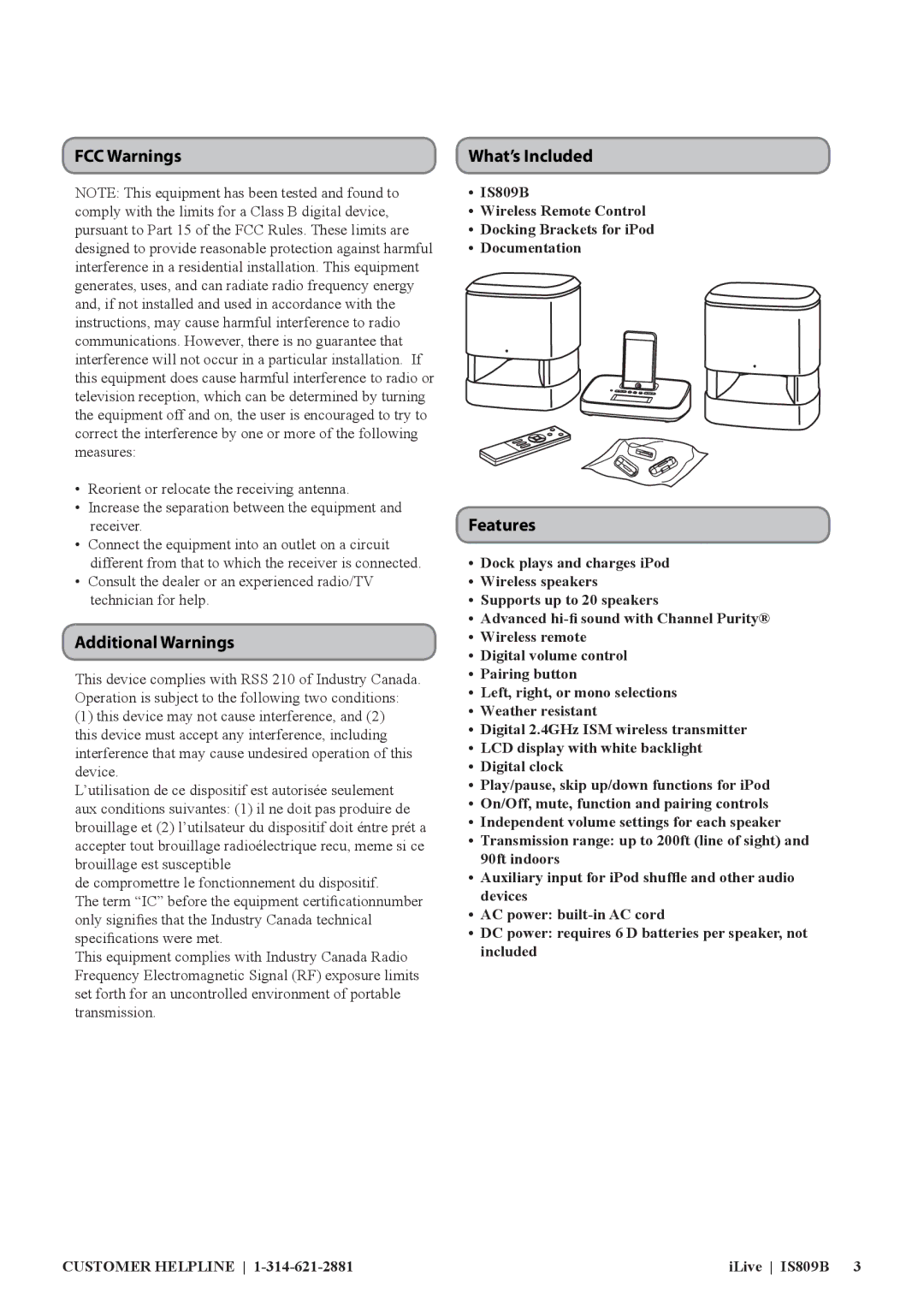 iLive 1407-0603-09, IS809B manual FCC Warnings, Additional Warnings, What’s Included, Features 