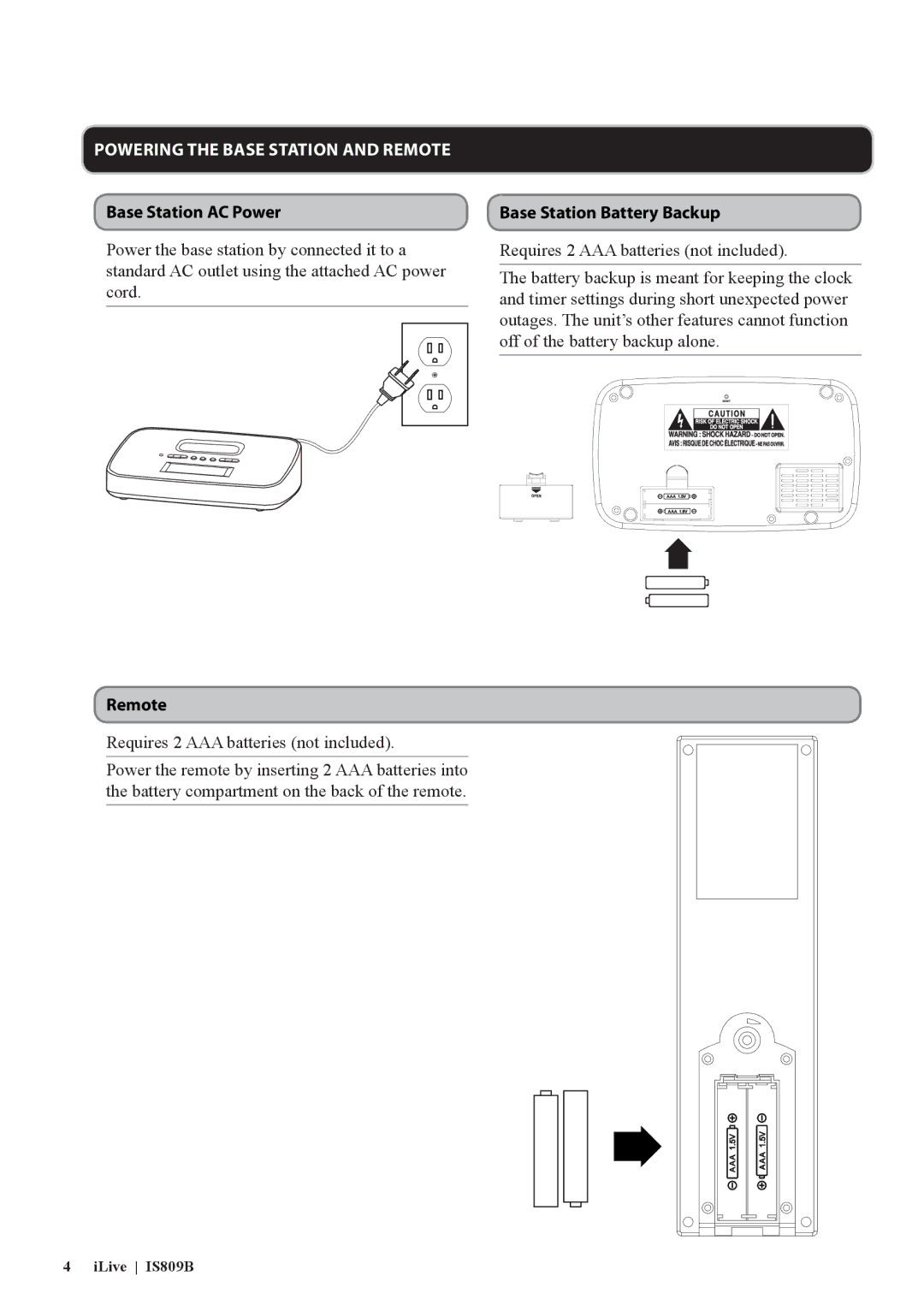 iLive IS809B, 1407-0603-09 manual Powering the Base Station and Remote, Base Station AC Power, Base Station Battery Backup 