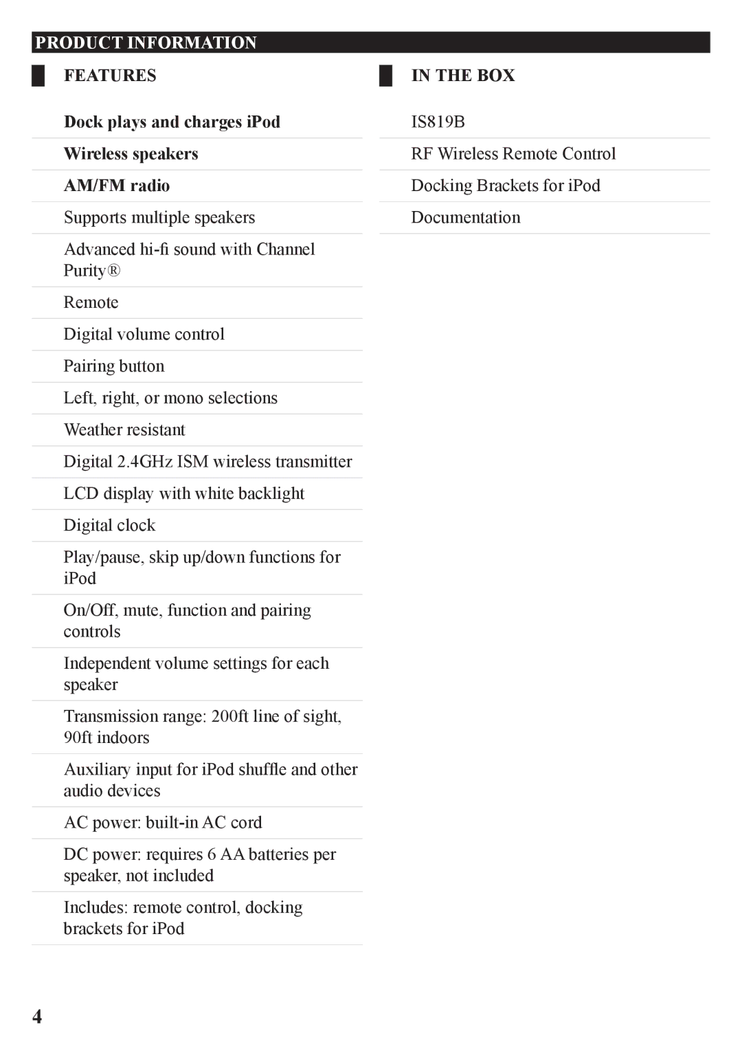 iLive IS819B manual Product Information, Features Box Dock plays and charges iPod, Wireless speakers, AM/FM radio 