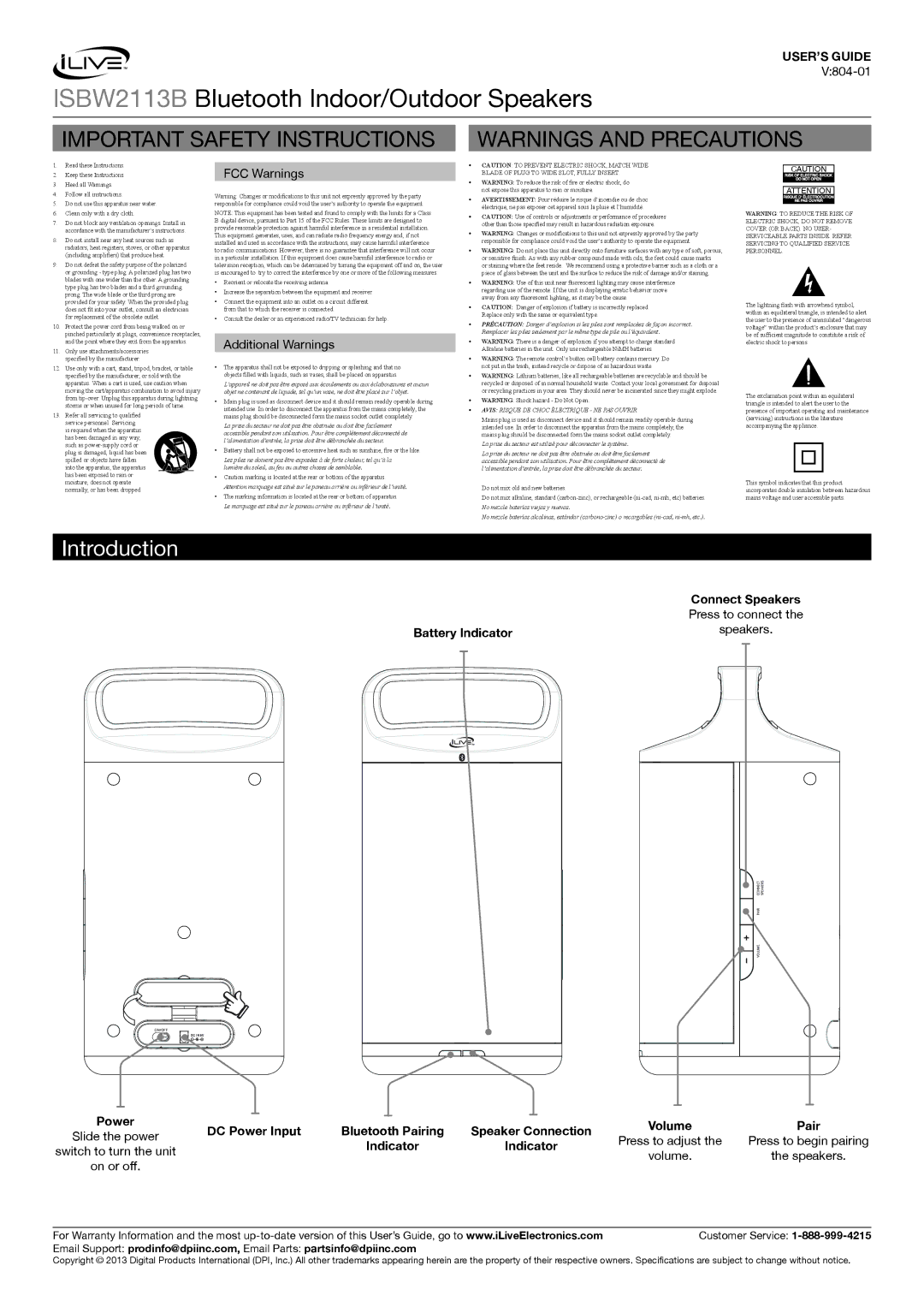 iLive ISBW2113B important safety instructions Introduction, Power, Battery Indicator, Pair 