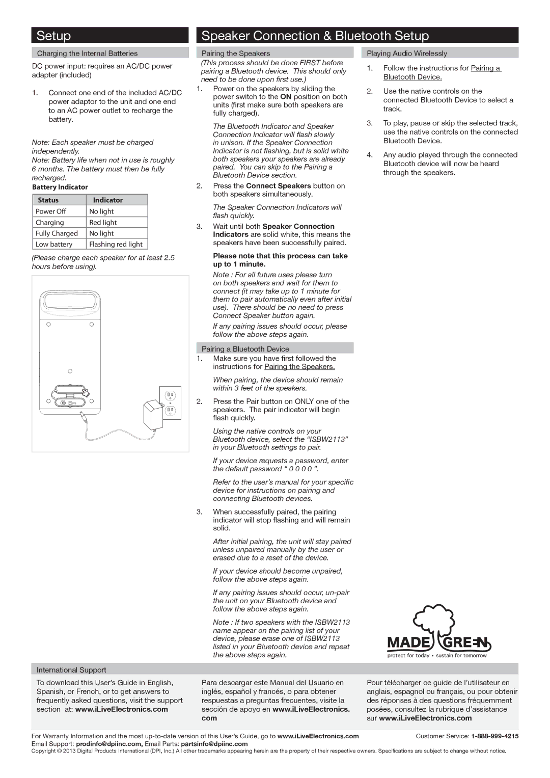 iLive ISBW2113B important safety instructions Setup Speaker Connection & Bluetooth Setup, Battery Indicator Status, Com 