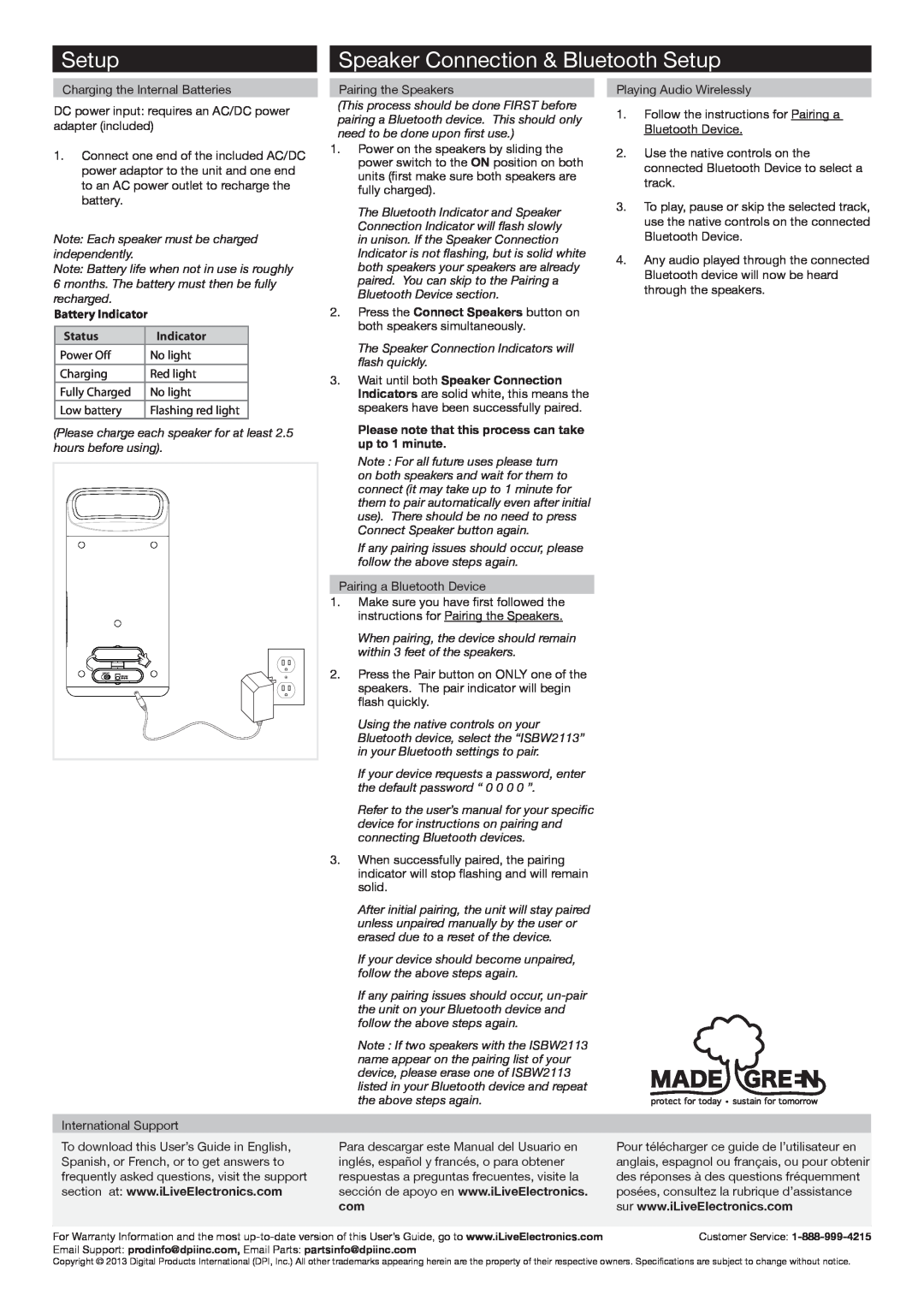 iLive ISBW2113B important safety instructions Speaker Connection & Bluetooth Setup, Status, Battery Indicator 