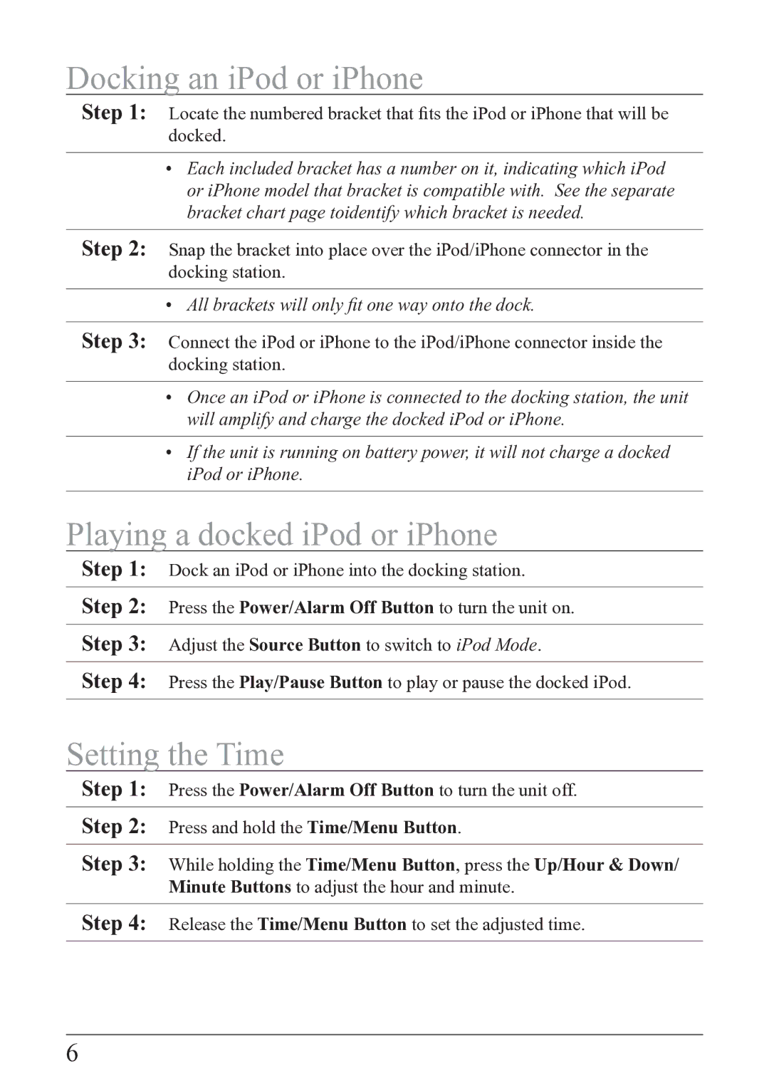 iLive ISP209B manual Docking an iPod or iPhone, Playing a docked iPod or iPhone, Setting the Time 