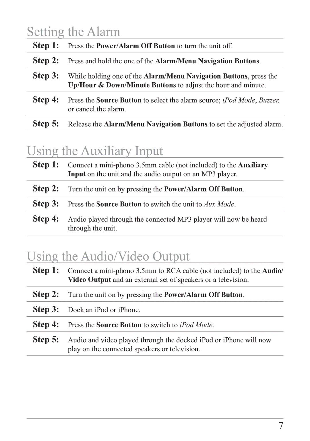 iLive ISP209B manual Setting the Alarm, Using the Auxiliary Input, Using the Audio/Video Output 