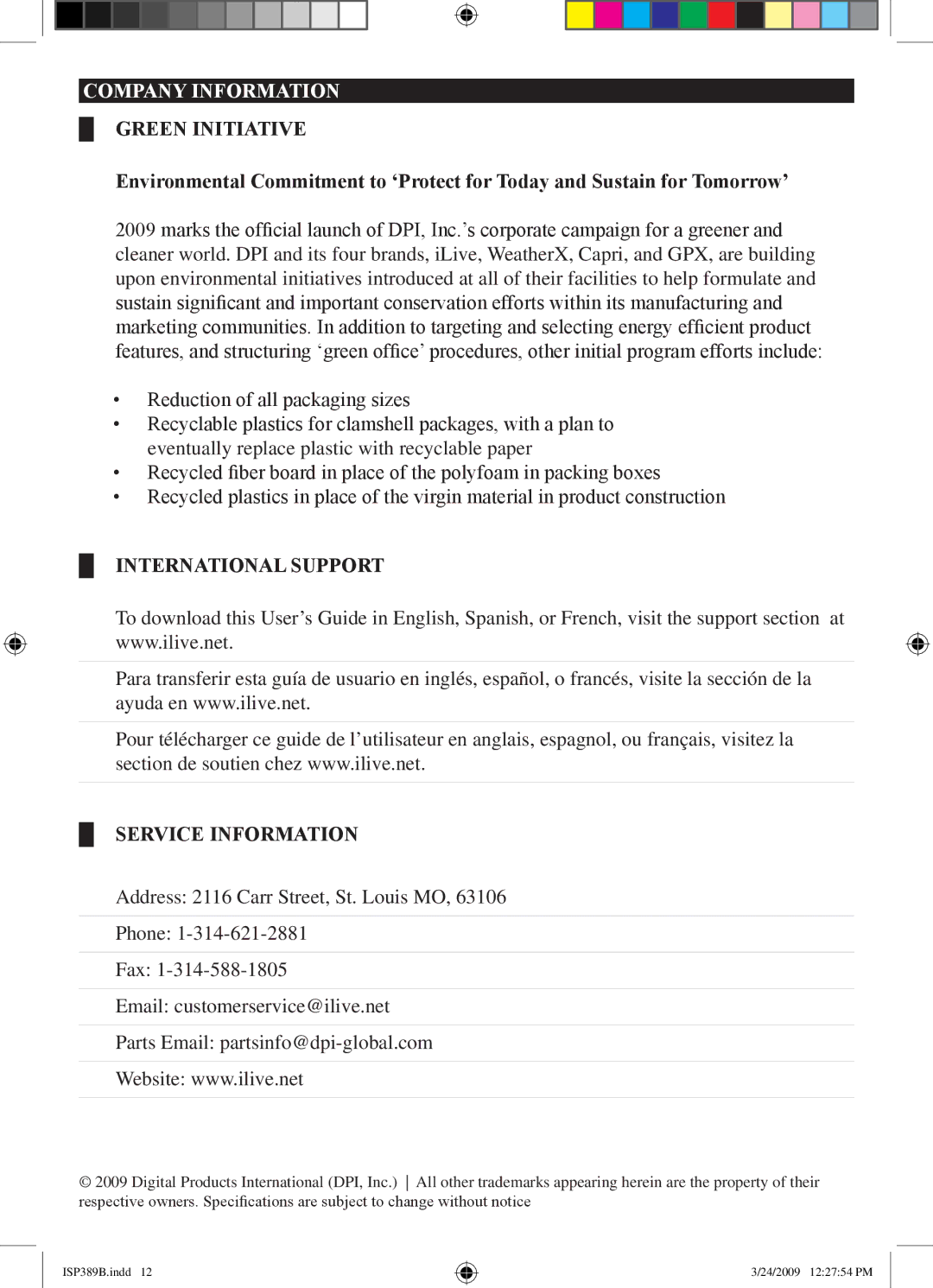 iLive ISP389B, 1227-0324-09 manual Company Information Green initiative, International support Service information 