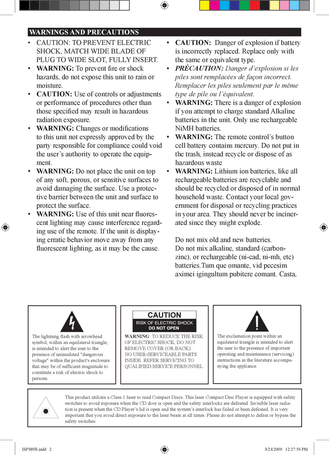 iLive ISP389B, 1227-0324-09 manual Précaution Danger d’explosion si les 