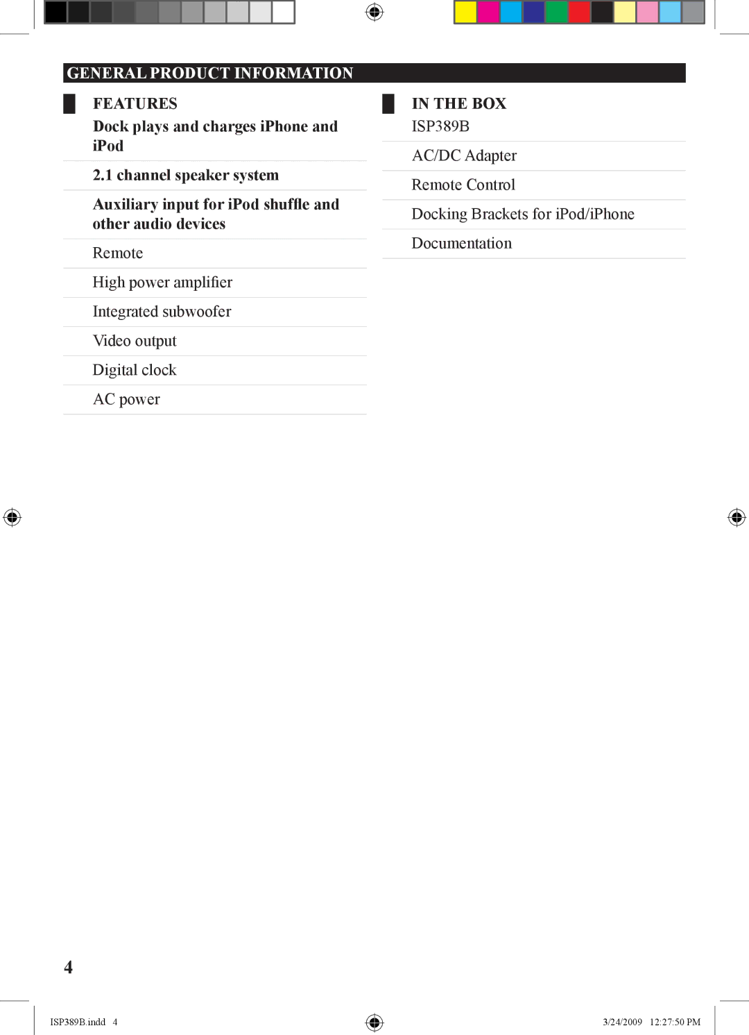 iLive ISP389B, 1227-0324-09 manual General Product Information, Features Box Dock plays and charges iPhone 