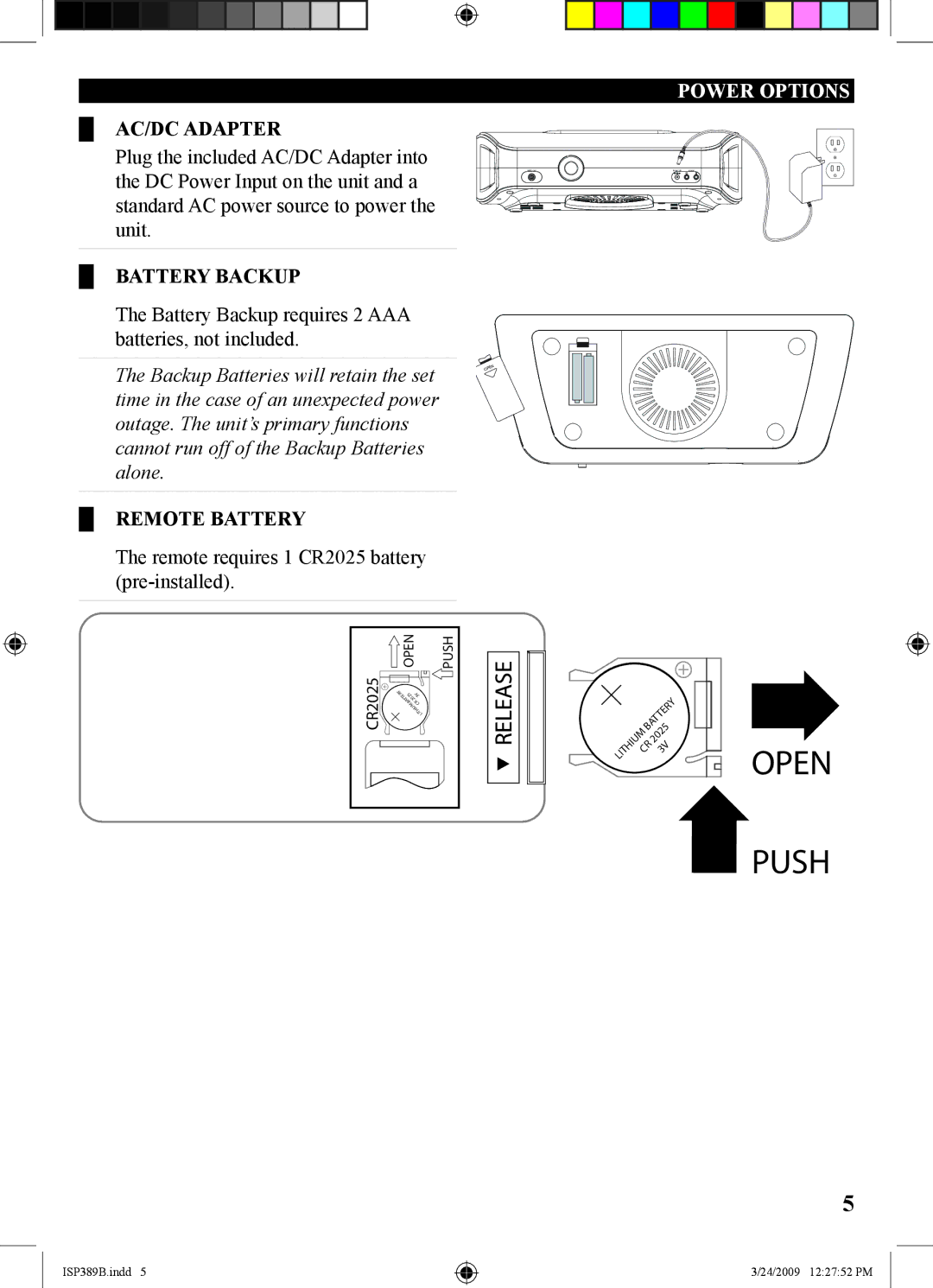 iLive 1227-0324-09, ISP389B manual Battery Backup, Remote Battery, Power Options 