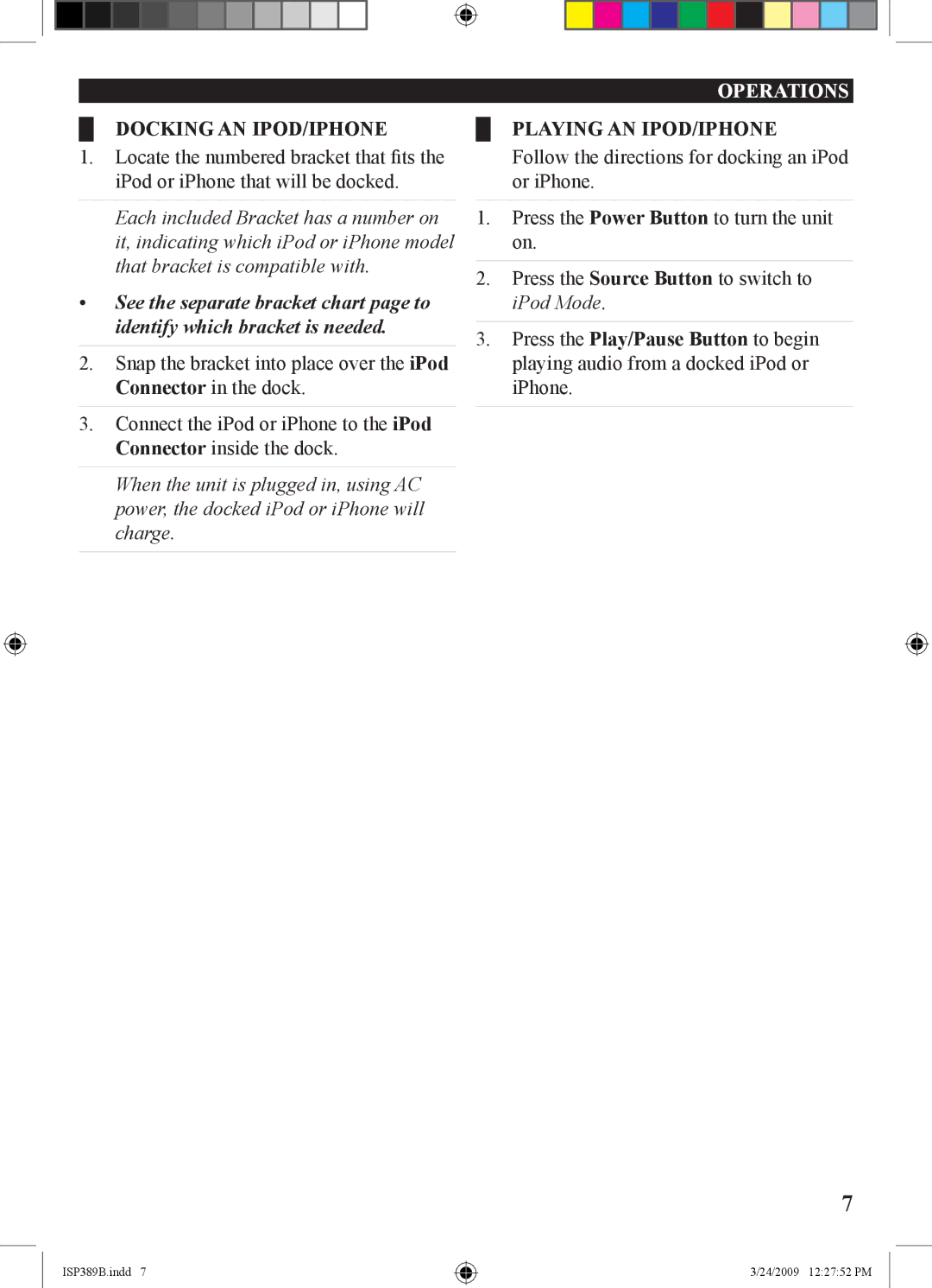 iLive 1227-0324-09, ISP389B manual Docking an iPod/iPhone, Playing an iPod/iPhone 