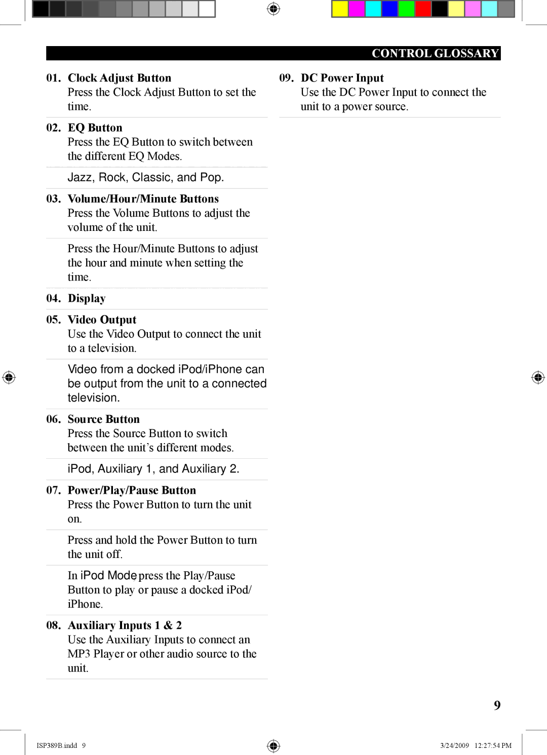 iLive 1227-0324-09, ISP389B manual Control Glossary 