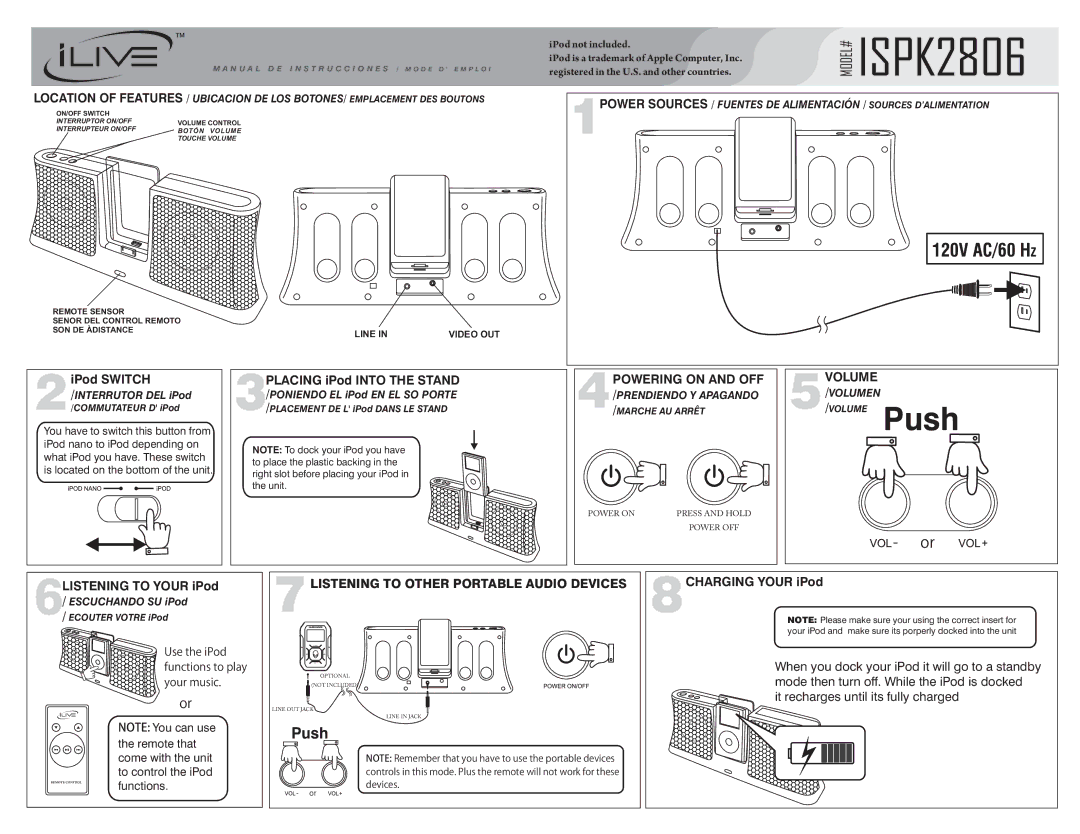 iLive ISPK2806 manual 2iPod Switch, 6LISTENING to Your iPod, 8CHARGING Your iPod 