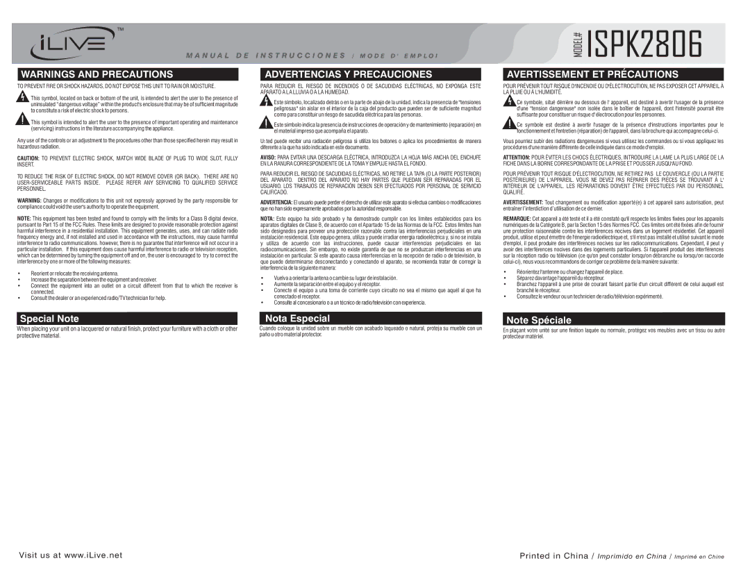 iLive ISPK2806 manual Advertencias Y Precauciones, Avertissement ET Précautions 