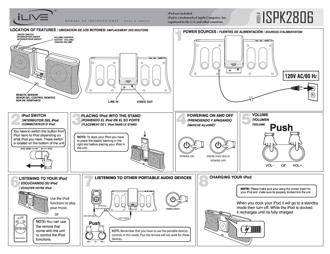 iLive manual MODEL# ISPK2806, Push, 2iPod SWITCH, Powering On And Off, Volume, 6LISTENING TO YOUR iPod, 5/VOLUMEN 